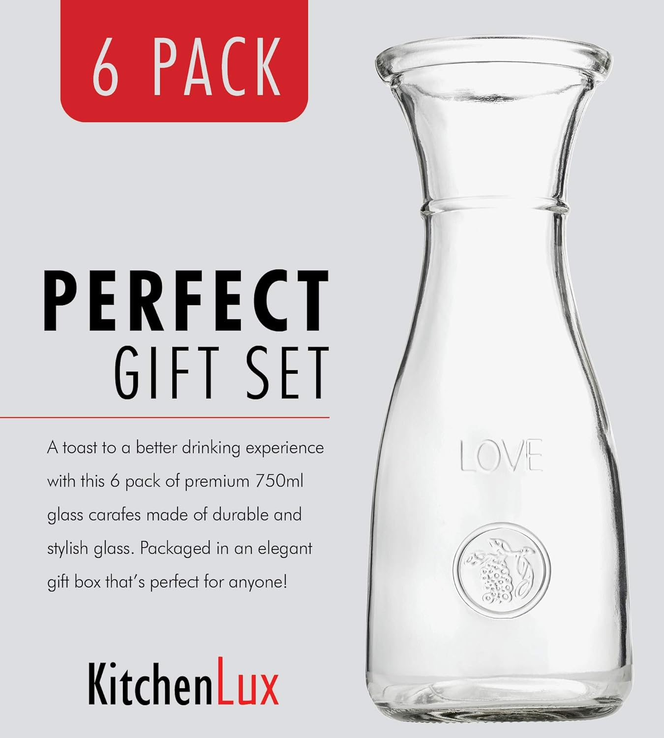 Suреr Brаndѕ Clear Glass Carafe Drink Pitcher Elegant Wine Decanter - Pack of 6 - 750ml LOVE Themed bottle w/Narrow Neck For Easy Grip, Wide Mouth for Classic Pouring - by Kitchen Lux
