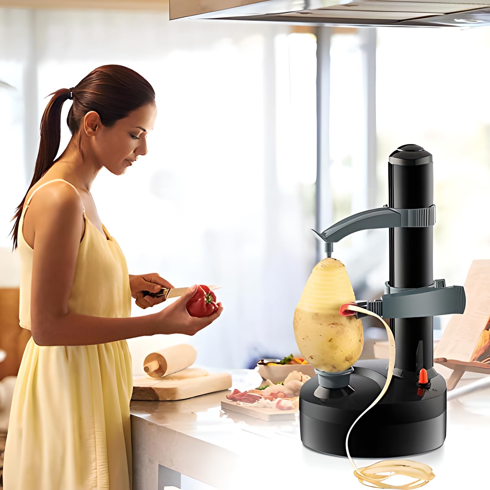 Pelapatate elettrico, sbucciatrice automatica per frutta e verdura con lame in acciaio inossidabile per sbucciare efficacemente patate, mele, carote e agrumi