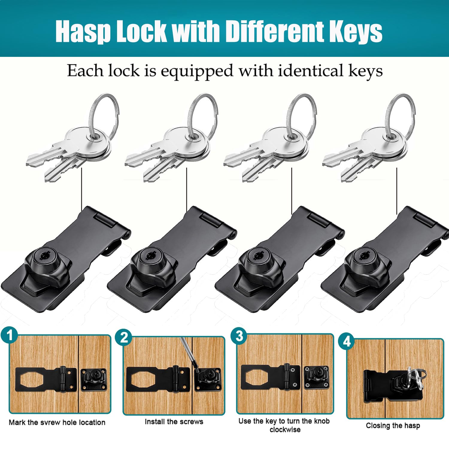 Cerradura de cerrojo de ángulo recto de 90 grados con llave igual, cerrojo pequeño hebilla de pestillo de seguridad para puerta, cerradura de cobertizo de candado (Black 2.5 Inch)