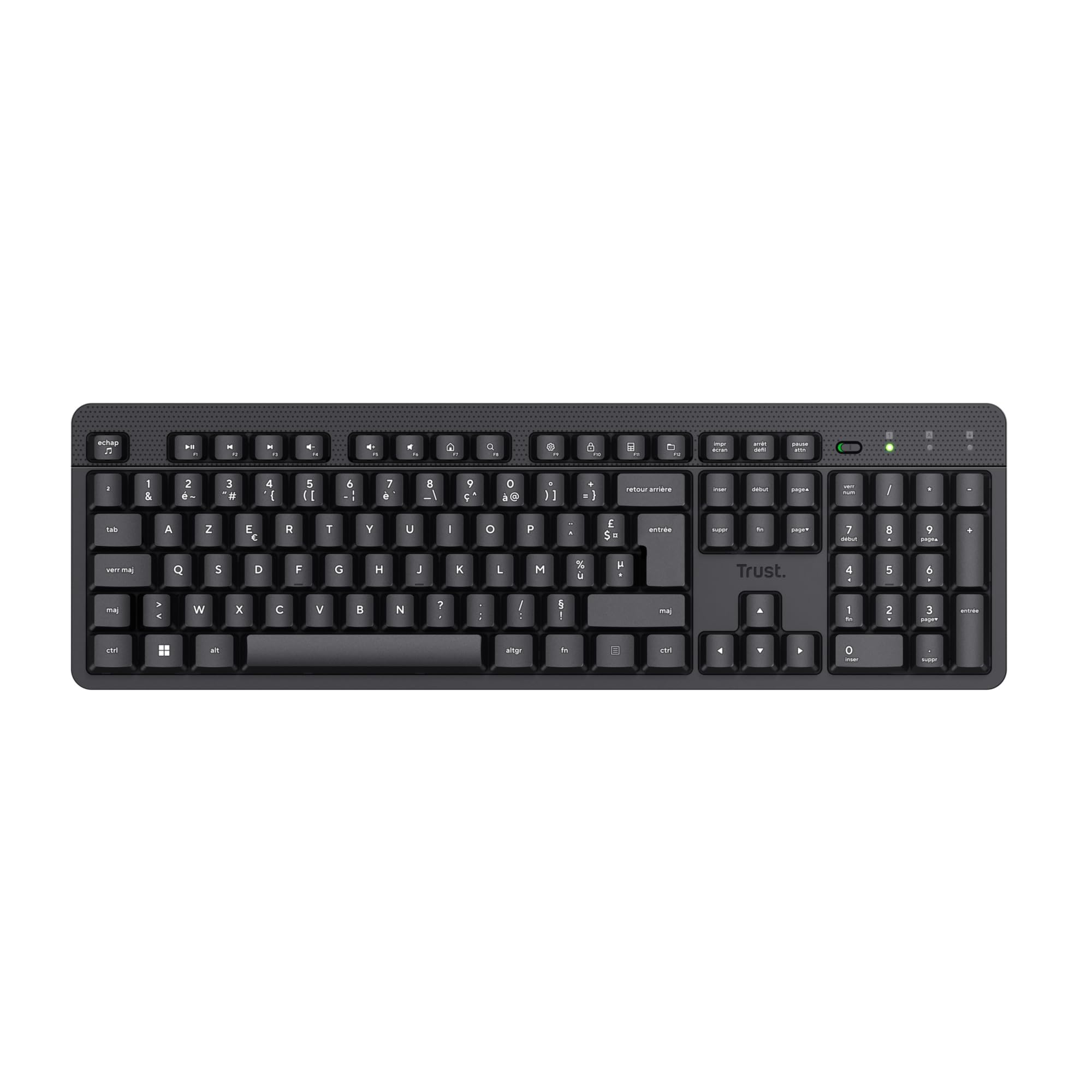 Clavier sans Fil Silencieux AZERTY Français Trust ODY II, Touches Plates Flottantes, Résistant aux Éclaboussures, Récepteur USB RF 2.4GHz, Noir
