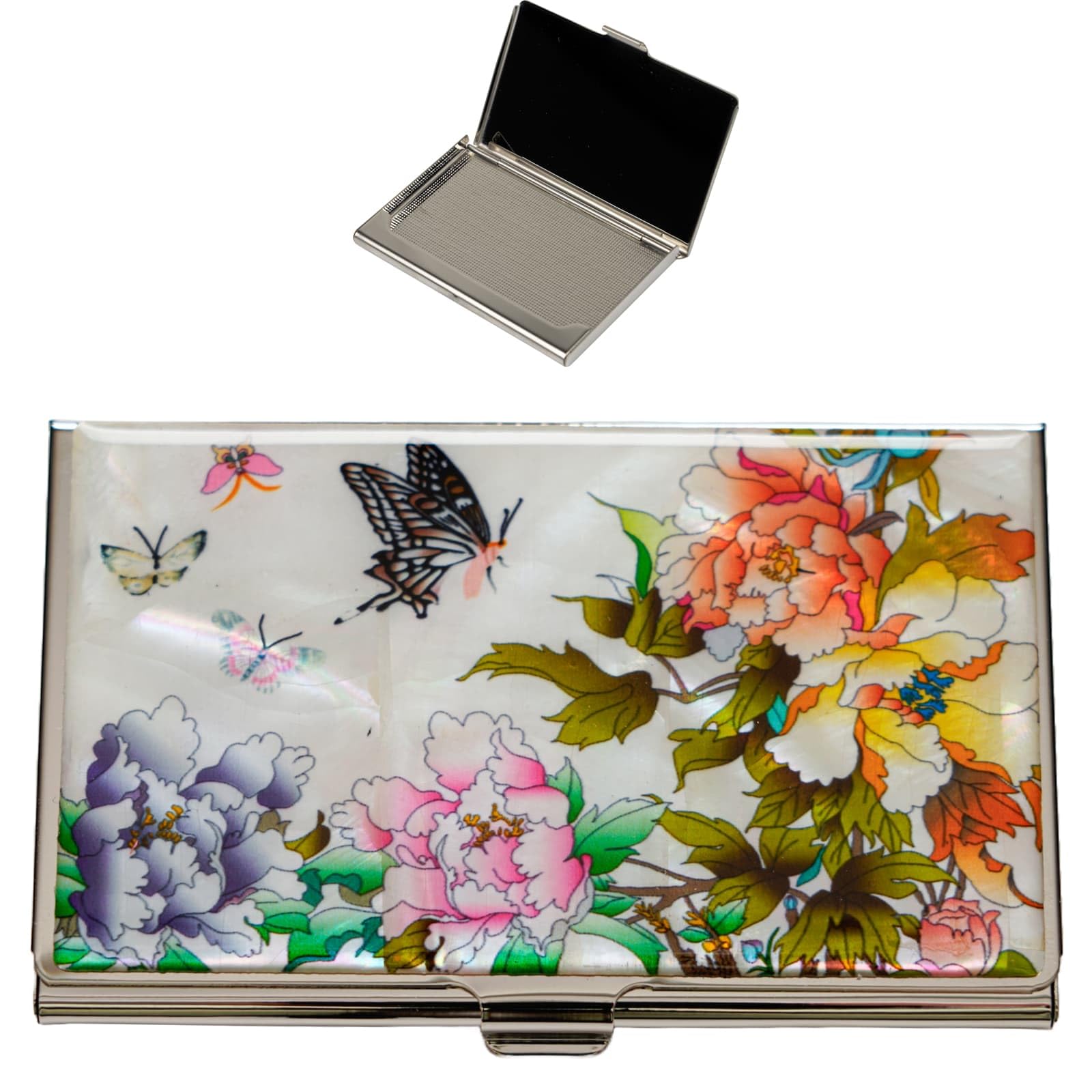 February Mountain Mother of Pearl Business Card Case - Korea Traditional Gifts, Slim Metal Holder for Business & Credit Cards, Pocket-Sized Purse Wallet