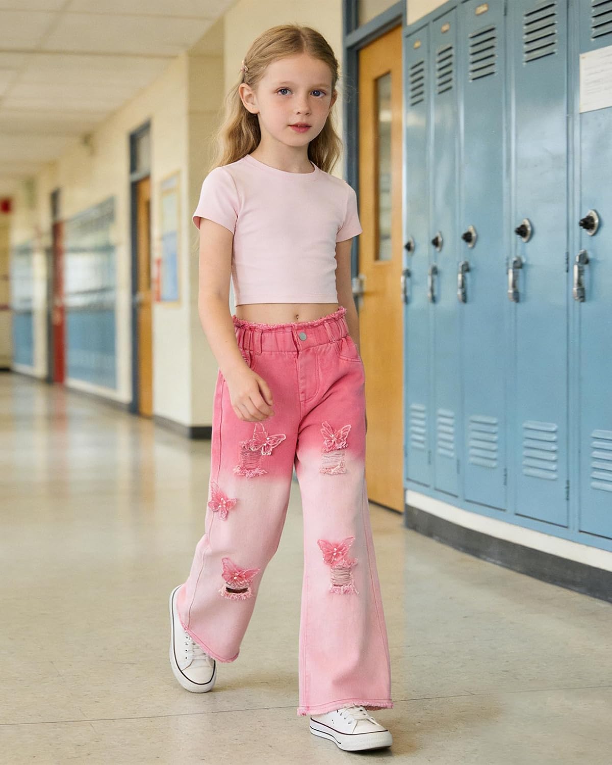 SANGTREE Girls Baggy Jeans Wide Leg Jeans Elastic Waist Casual Denim Pants Kids Clothes,6-14 Years