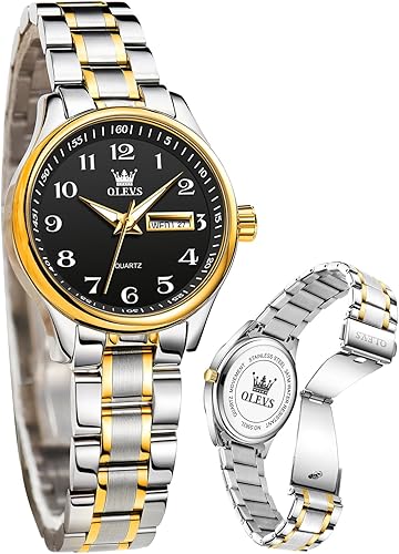 OLEVS Reloj de mujer con diamantes de oro, clásico, elegante, de acero inoxidable, impermeable, fecha de día