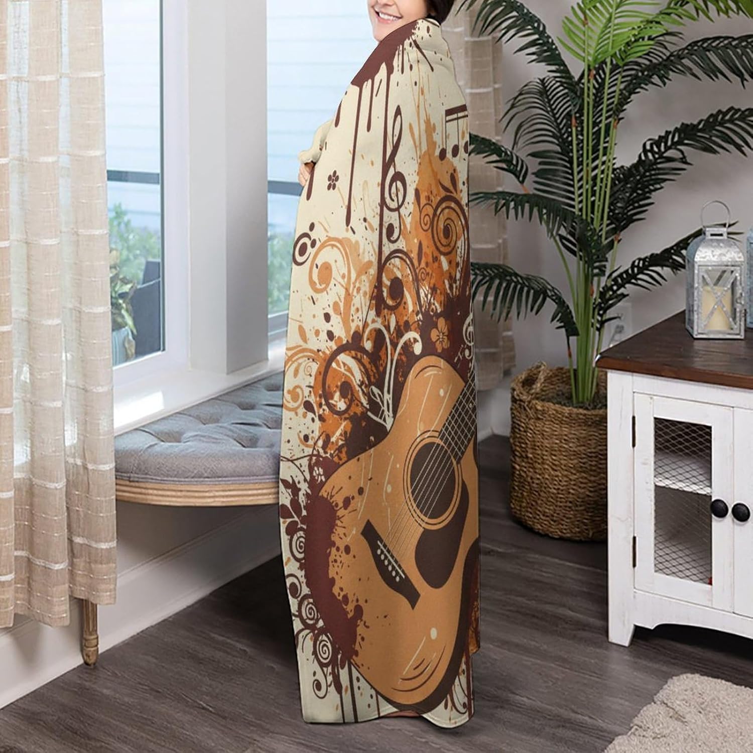 Guitar and Notes Throw Blanket Lightweight Flannel Fleece Blankets Warm and Cozy Throws for Winter Bedding and Couch 50"X60" Inches for Adults
