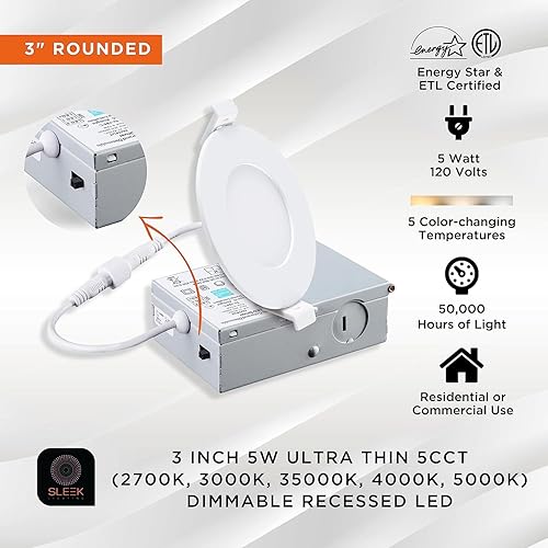 Miniatura 2 de SLEEKLIGHTING Luz de panel plano de retrofit ultrafina de 3 pulgadas, 5 W, 5CCT seleccionable, con caja de conexiones, perfil delgado, regulable,