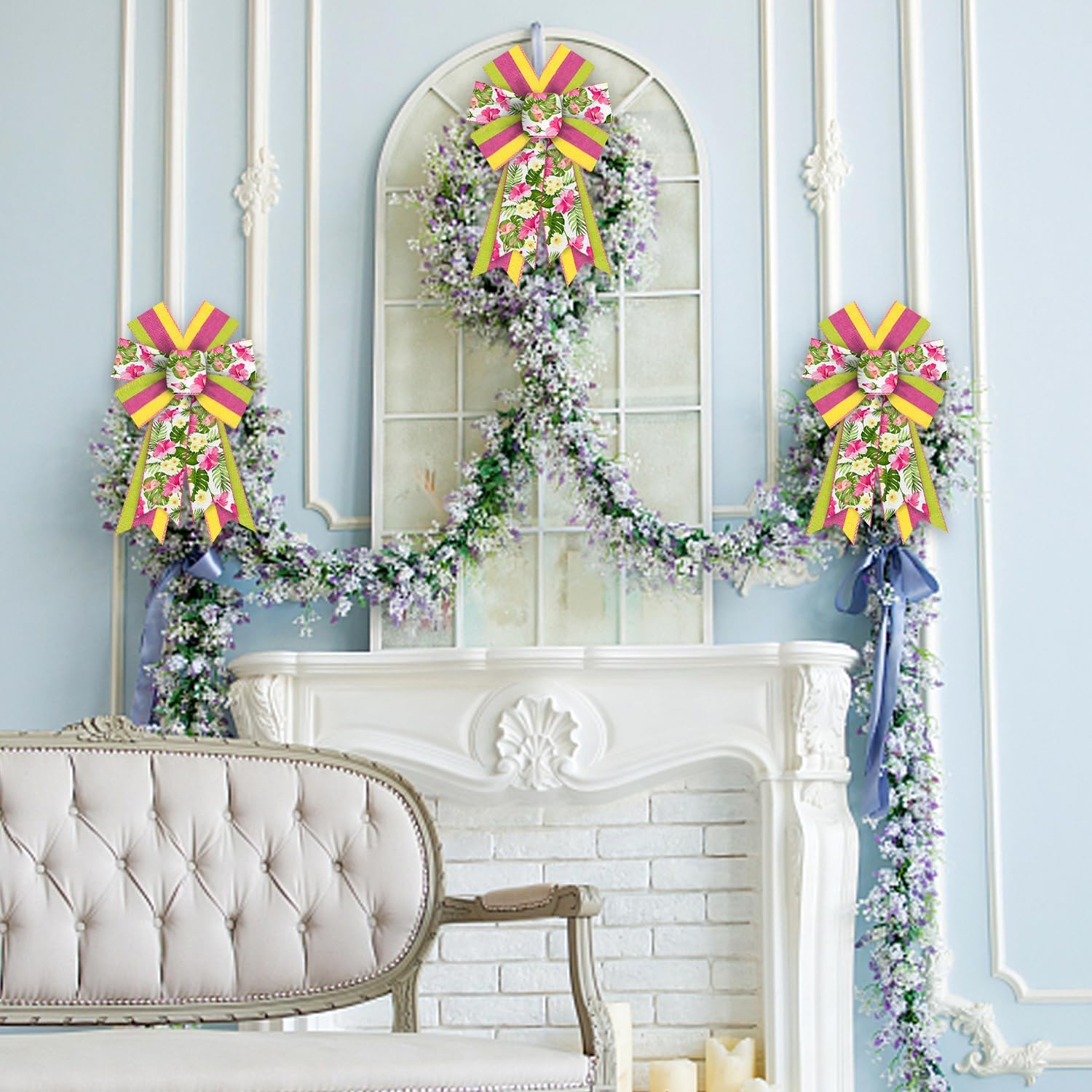 Hying 2 Pieces Floral Bows - Pink Yellow Burlap Wedding Farmhouse Craft Bows for Front Door, Spring Birthday Party Decorations - Image 5