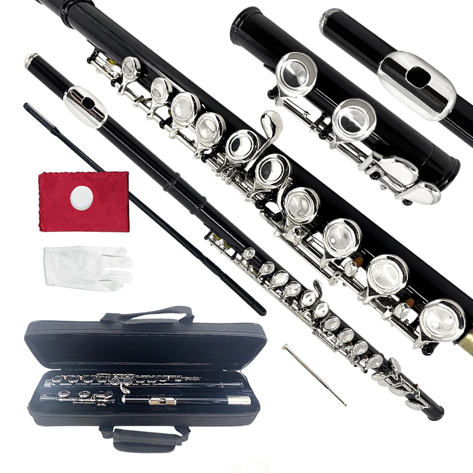 C-Flöte mit 16 Tasten und geschlossenem Loch für Anfänger, vernickelte schwarze Flöte mit komplettem Starter-Set, Etui, Reinigungswerkzeuge, Handschuhe, schlankes Holzblasinstrument für