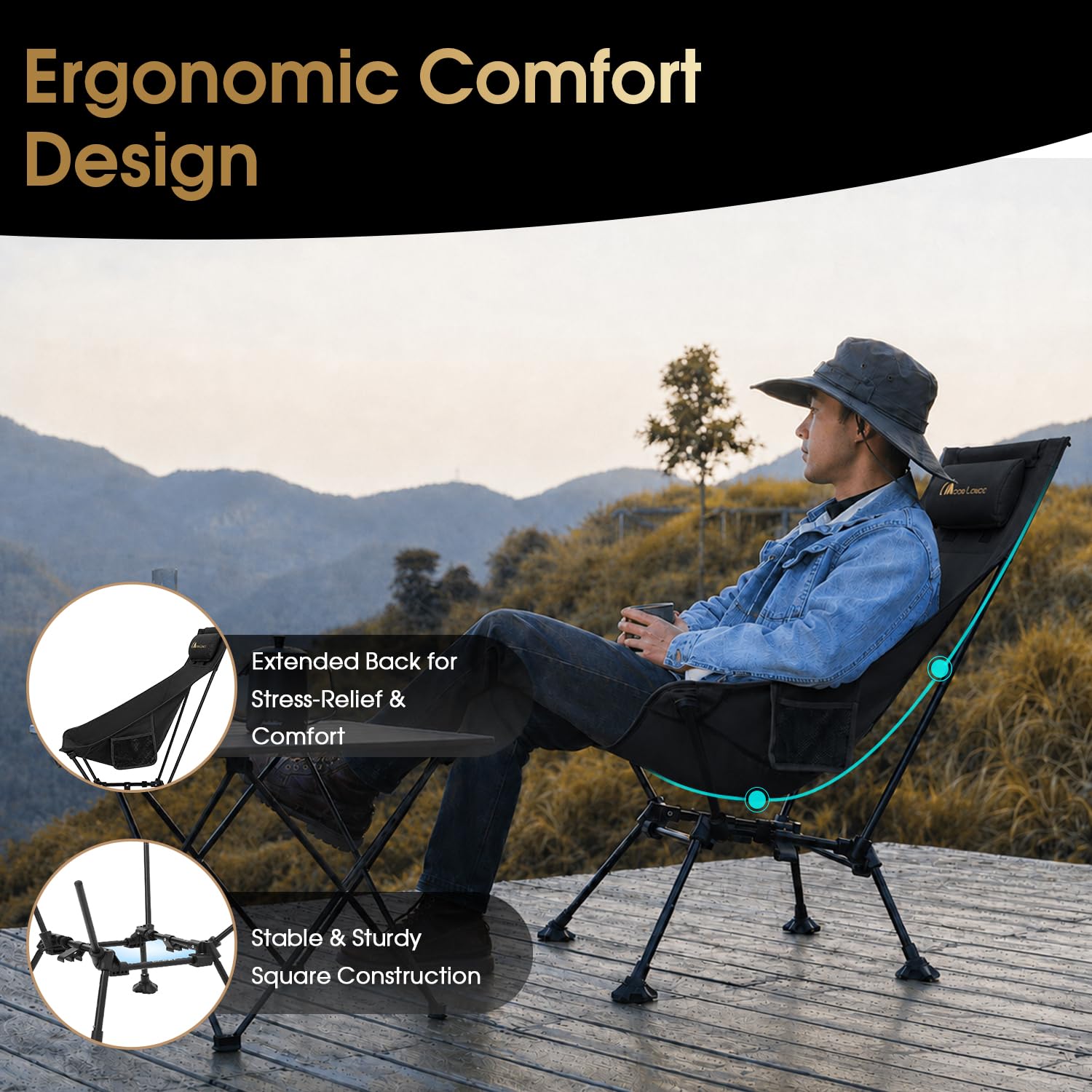 MOON LENCE High Back Folding Camping Chairs, Height-Adjustable, Widened Seat, for Beach with Anti-Sinking Feet (Black) : Sports & Outdoors