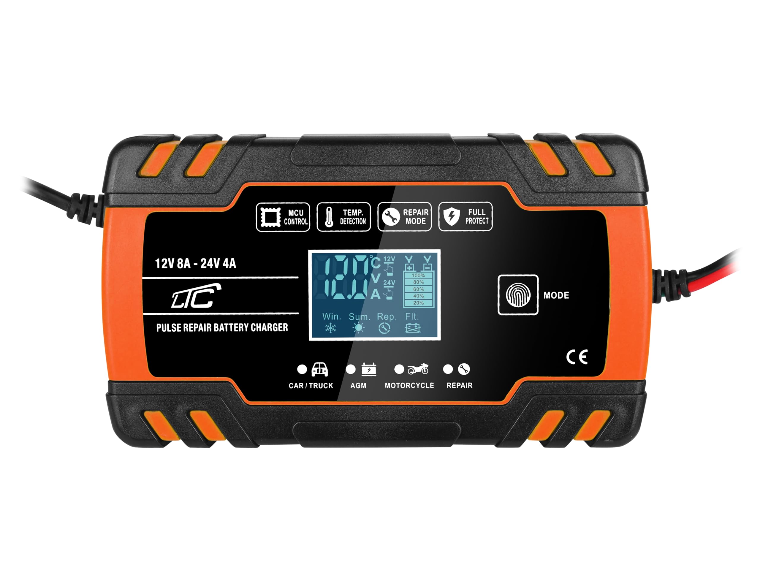 LTC Prostownik Samochodowy – Ładowanie Akumulatorów 12V 24V z Wyświetlaczem LCD - Moc 8A – Do Akumulatorów od 4Ah dp 150Ah – Tryb Naprawiania Akumulatora