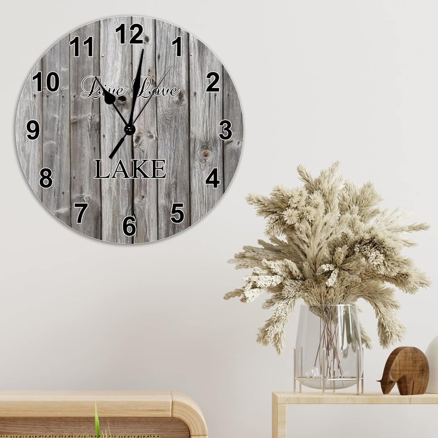 Vintage Farmhouse Clock Beach Decor Live Love Lake Clock for Wall Vintage Grey Wood Grain Wall Clocks Non-Ticking Battery Operated Round Clock for Living Room 15inch