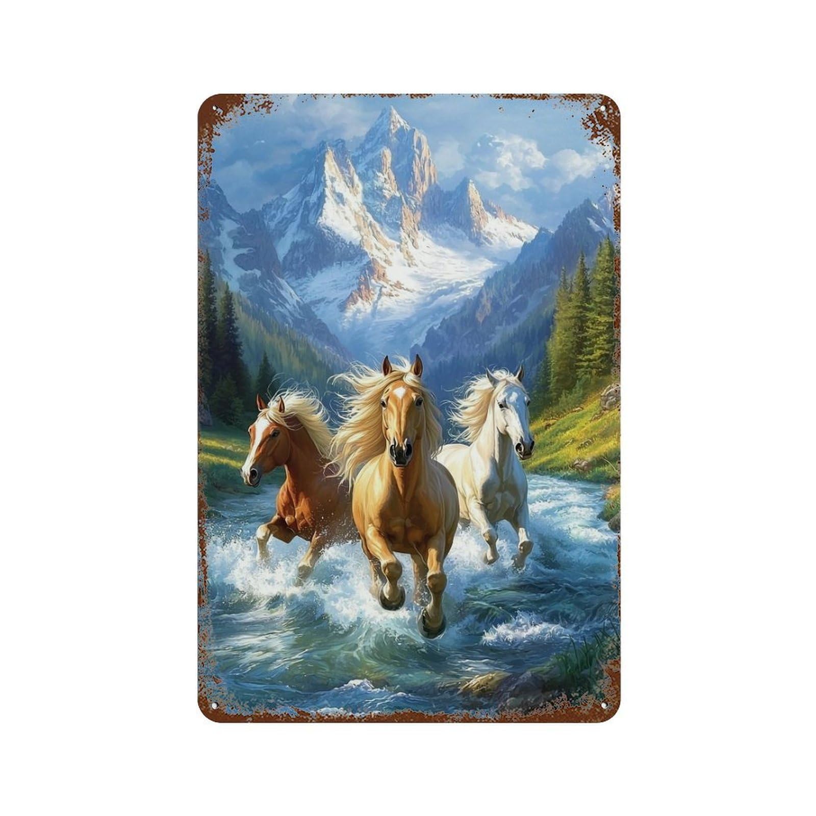 Horses Running in Mountain Stream Rustic Tin Plaque 11.8"x7.9", for Pub, Kitchen And Man Cave Decor, Vintage Wall Decor