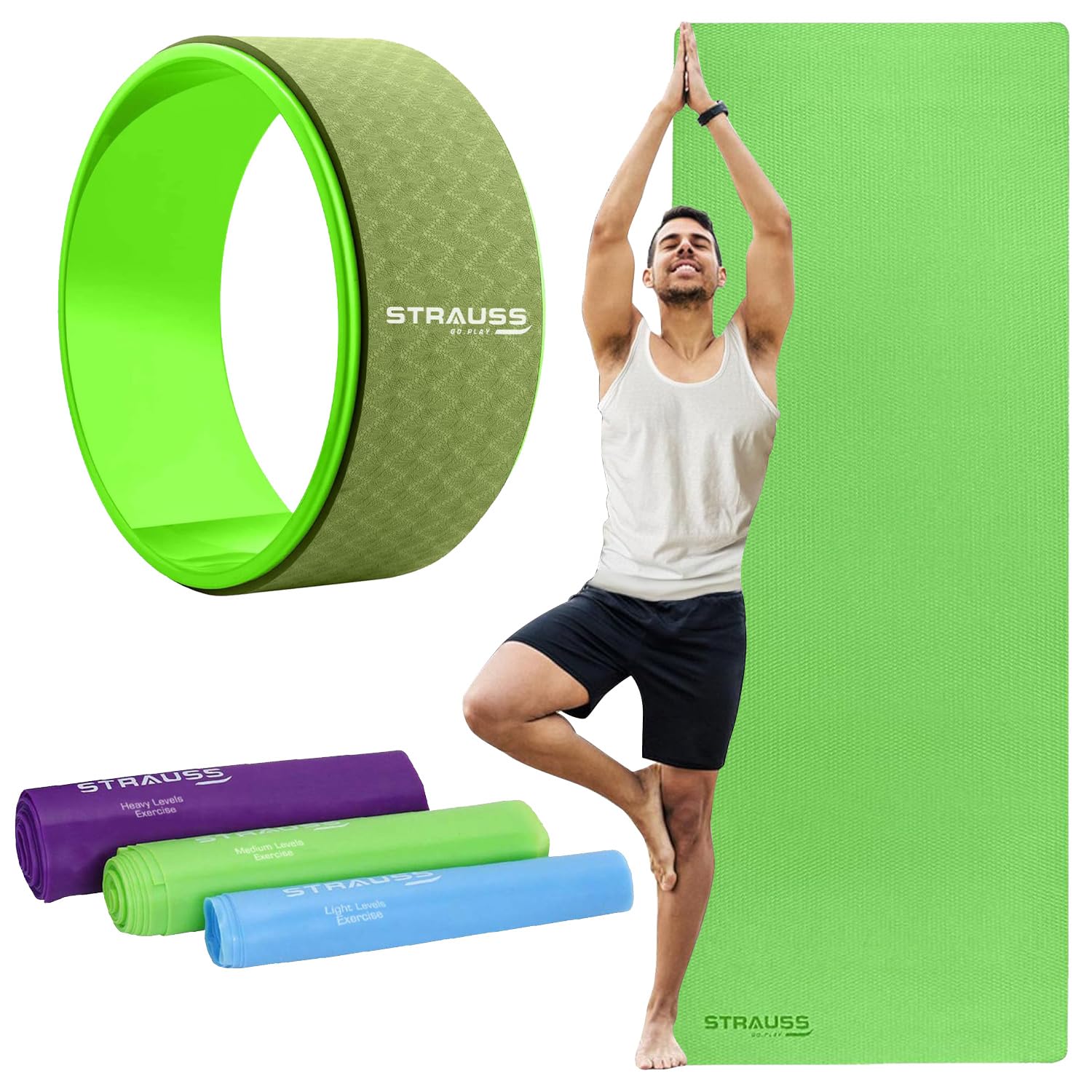 STRAUSS Yoga Combo Kit (1 Yoga Mat, 3 Resistance bands, 1 Yoga Wheel) | Green EVA Yoga Mat (6mm), 3 Multicolor Latex Resistance bands, 12 inch Green Yoga Wheel | Ideal for Yoga & Training