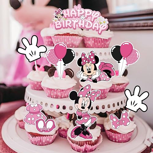 Miniatura 5 de EnlSinr 9 piezas de decoración de pastel de Minnie rosa para niñas, lazo rosa y guantes blancos, decoración de cumpleaños de ratón, decoración de