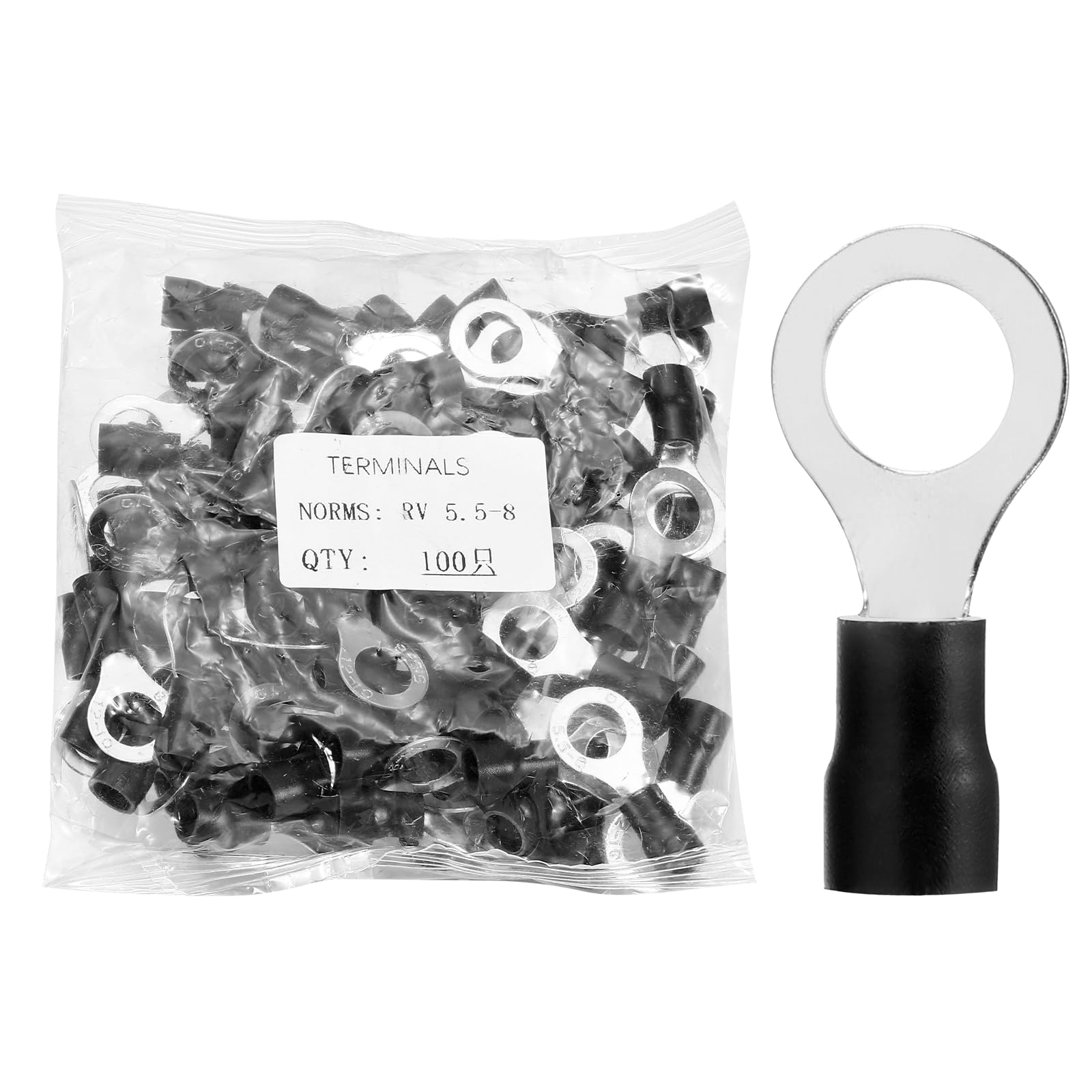 sourcing map 100pcs Terminals Ring Connectors #5/16" Tinned Copper Insulated Ring Crimp Terminals 12-10 Gauge for Electrical Industrial Chemical Project, Black