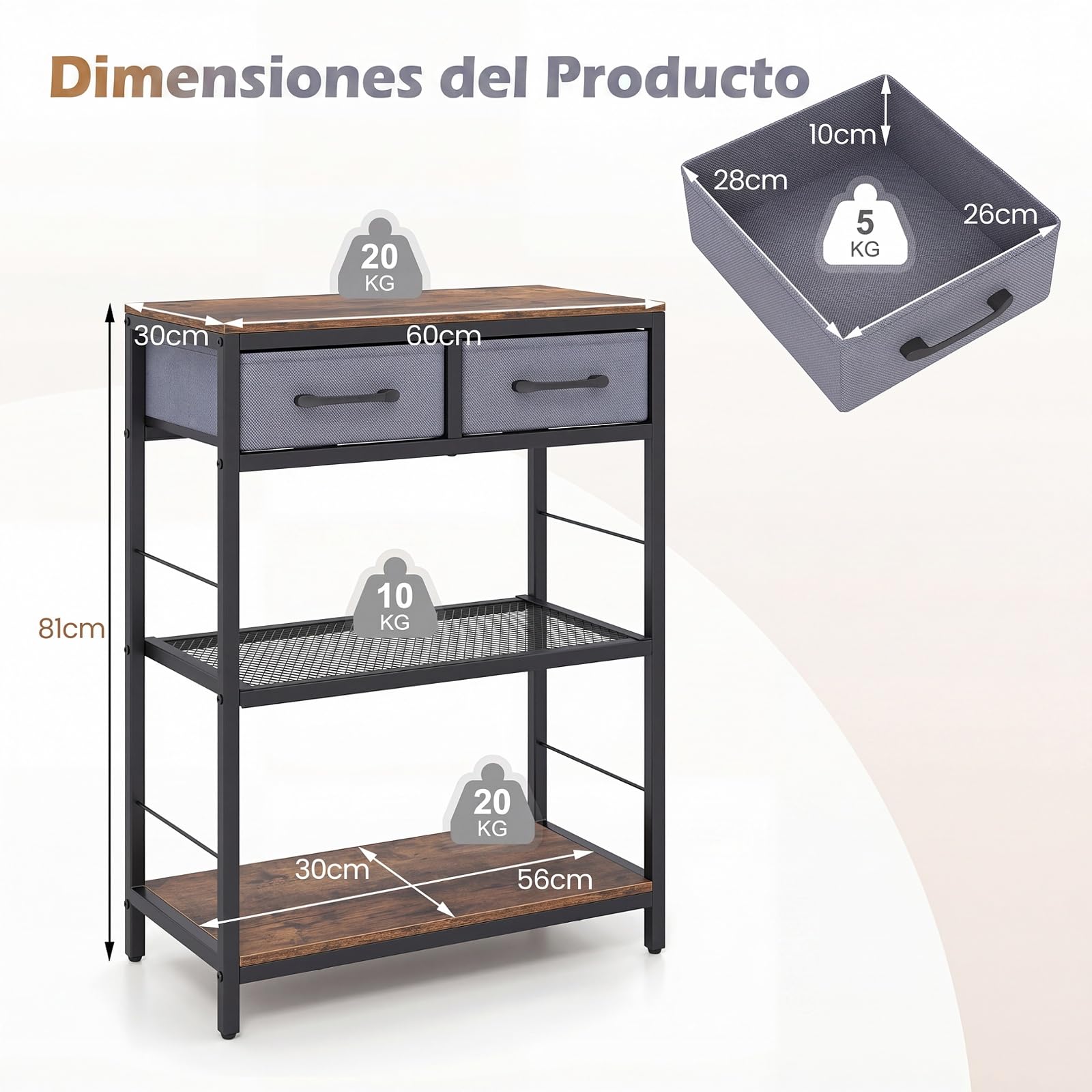 COSTWAY Mesa Consola Estrecha, Consola Recibidor con 2 Cajones de Tela y 2 Estantes Abiertos de Almacenaje, Estructura de Metal, Mesa de Entrada Rústica para Salón Pasillo, 60 x 30 x 81 cm (Marrón)