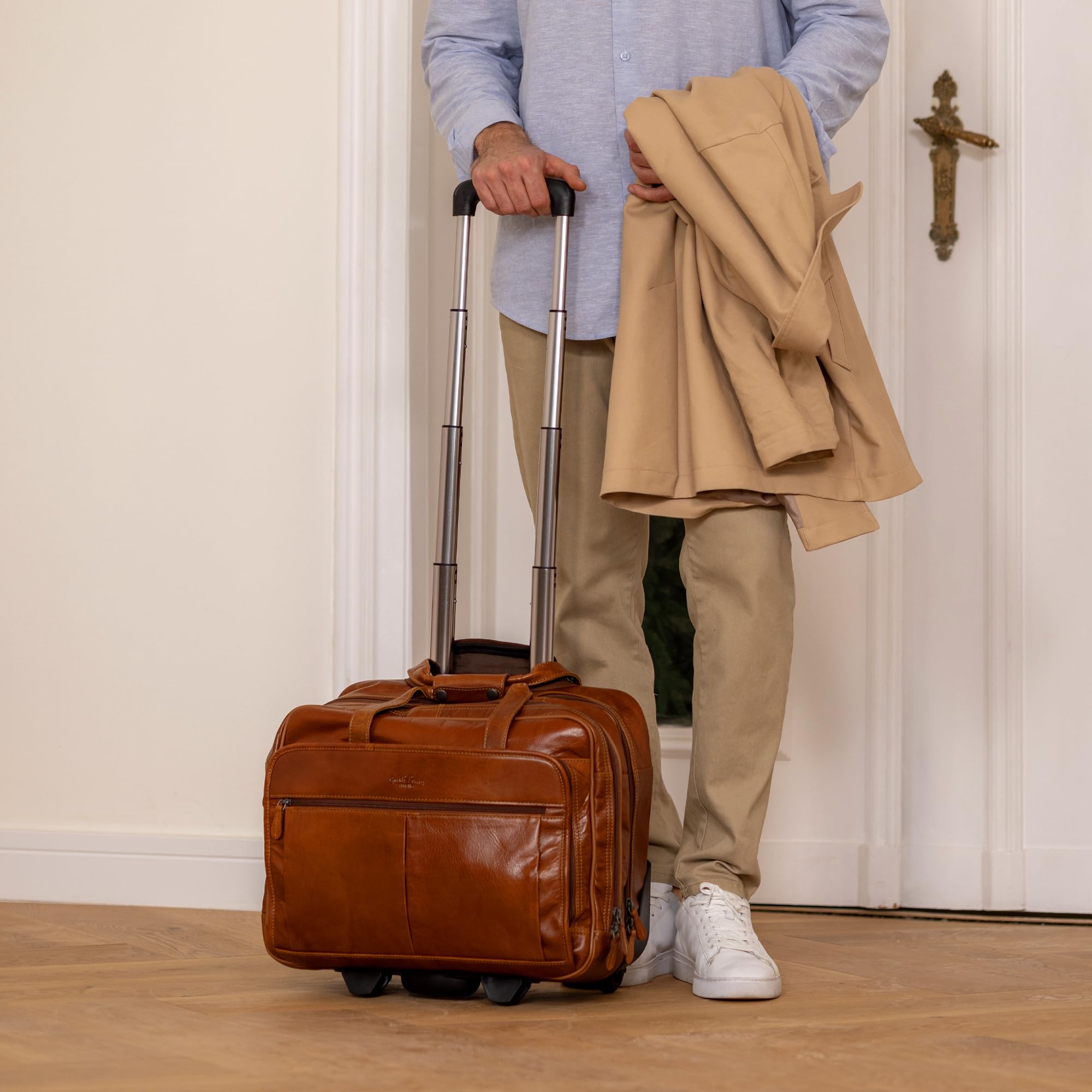 Gusti Leder Trolley Rollkoffer Handgepäck – Echtes Leder Cabin Suitcase mit Rollen – Business Trolley & Aktentasche mit Laptopfach für Reisen und Arbeit