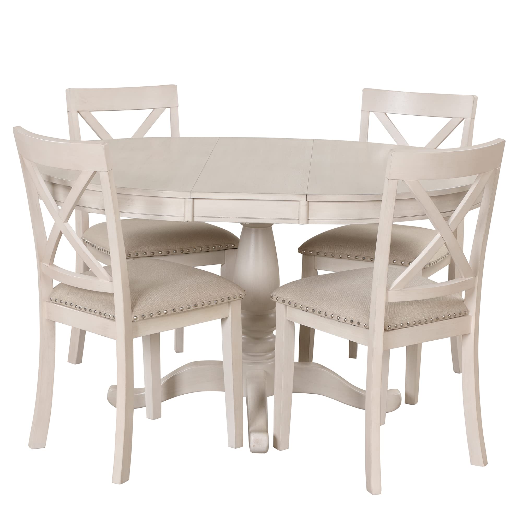 Merax Solid Wood Round Dining Table Set with Chairs for Small Space 5 Piece Extendable Kitchen Table Set for 4, Antique White