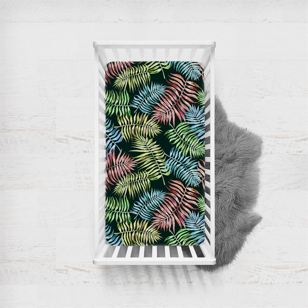Odot Cot Bed Fitted Sheets, Toddler & Baby Bed Sheets, Tropical Palm Leaf Print Microfiber Mattress Protector Cozy Lightweight Bedside Cribs Bassinet Sheets for Boys Girls (Dark Green,65x95cm)