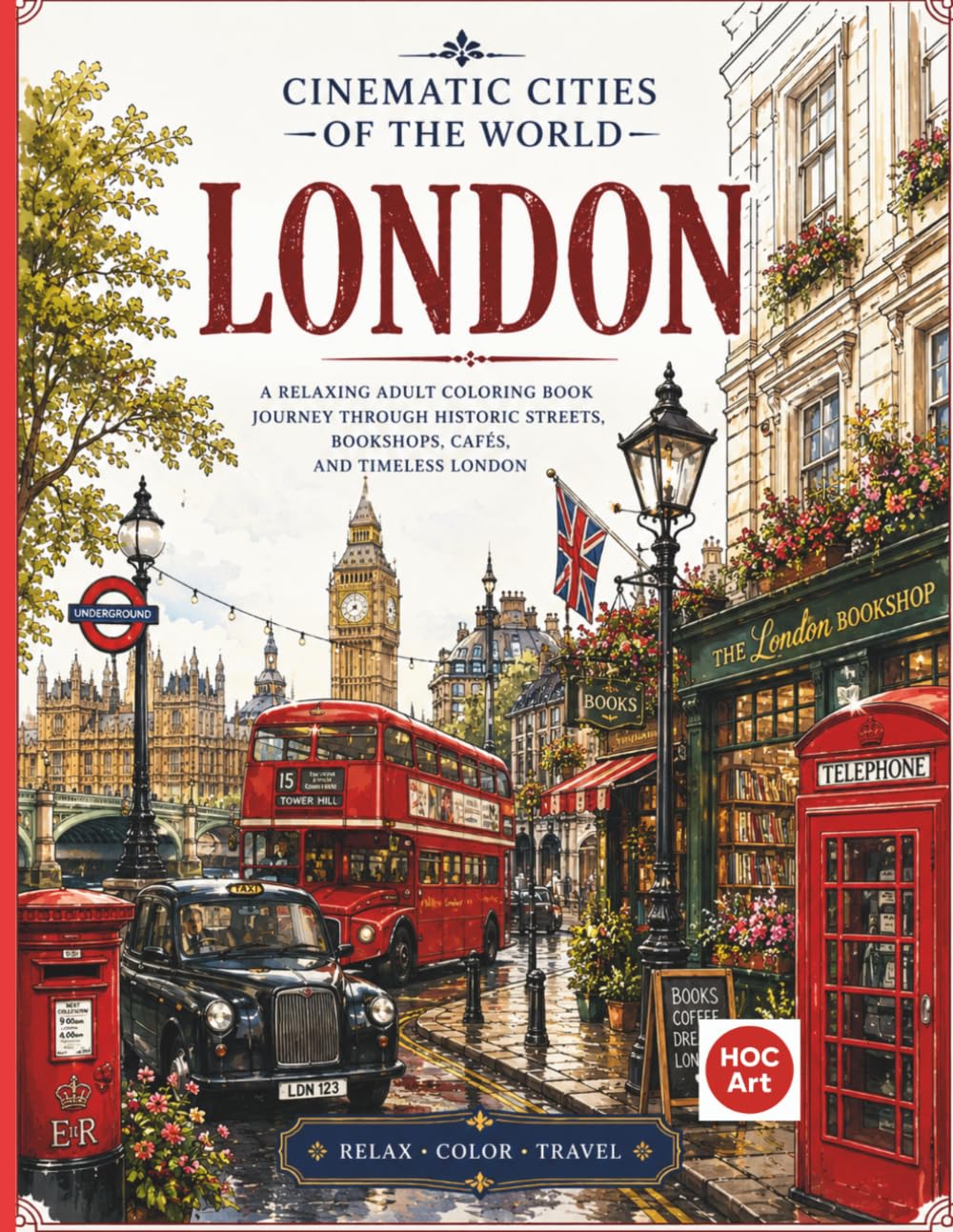 Cinematic Cities of the World: London: A Relaxing Adult Coloring Book Journey Through Historic Streets, Bookshops, Cafés, and Timeless London (Cinematic Cities of the World Coloring Books)