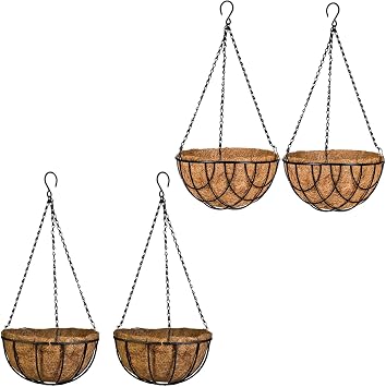 Kingbuy 12 Inch Metal Hanging Planter Basket with Coconut Liner Wire Plant Holder Watering Flower Baskets Pot Hanger Garden Decoration for Indoor Outdoor, 4 Pack