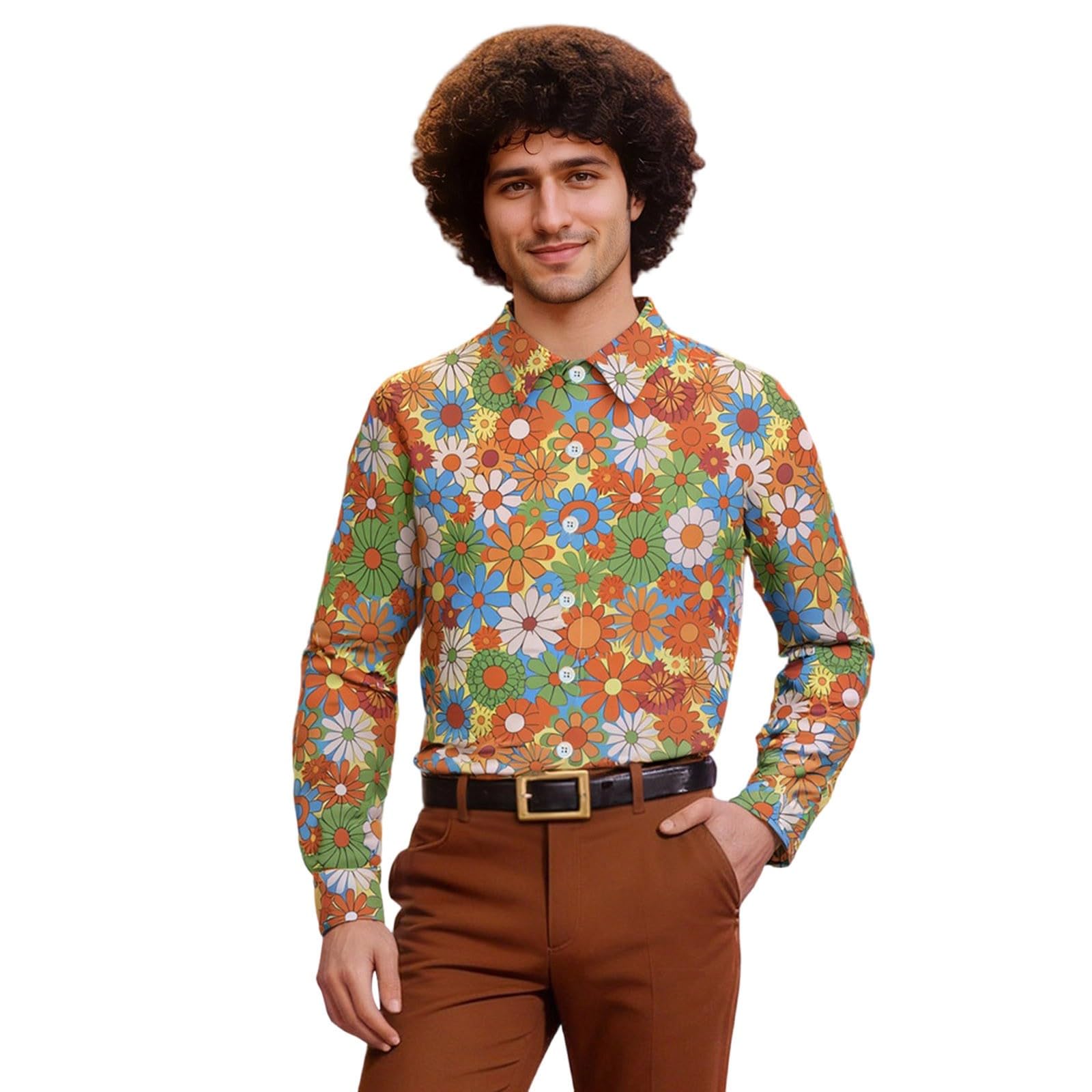 70s Fancy Dress Mens, 60s 70s 80s Fancy Dress Men, Hawaiian Shirts for Men Retro Casual Button Down Shirt Shirts Printed Long Sleeve Disco Holiday Light Green L