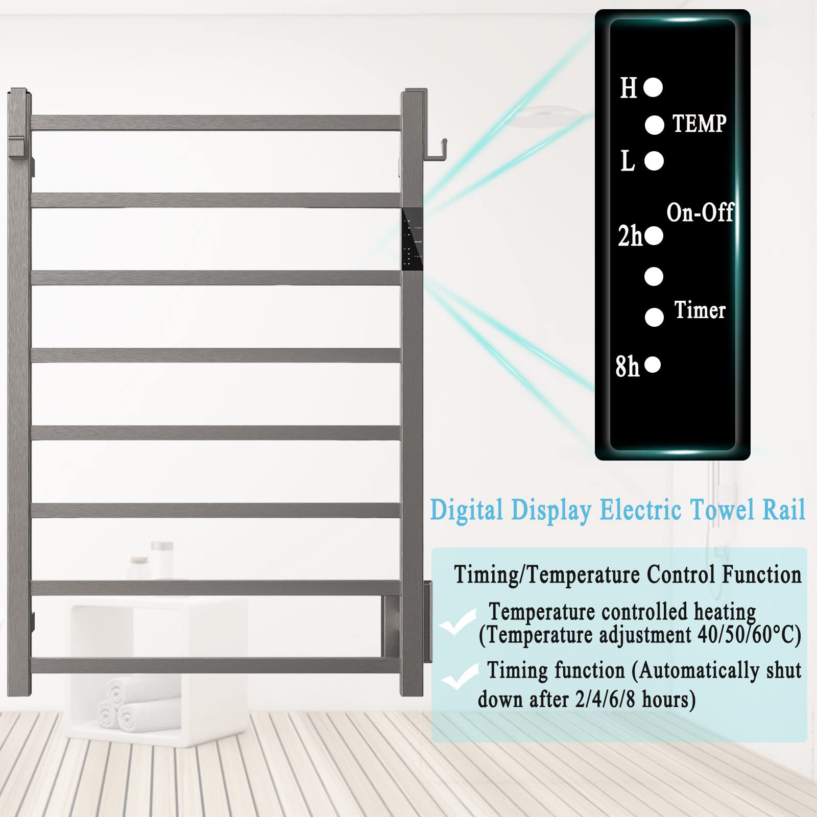 Podgrzewany Wieszak Na Ręczniki, Cyfrowy Wyświetlacz Podgrzewacz Do Ręczników Grzejnik 130 W Wieszak Na Ręczniki 8 Bar Elektryczny Wieszak Na Ręczniki Zegar Drabinka Na Ręczniki Ze Stali Nierdzewnej