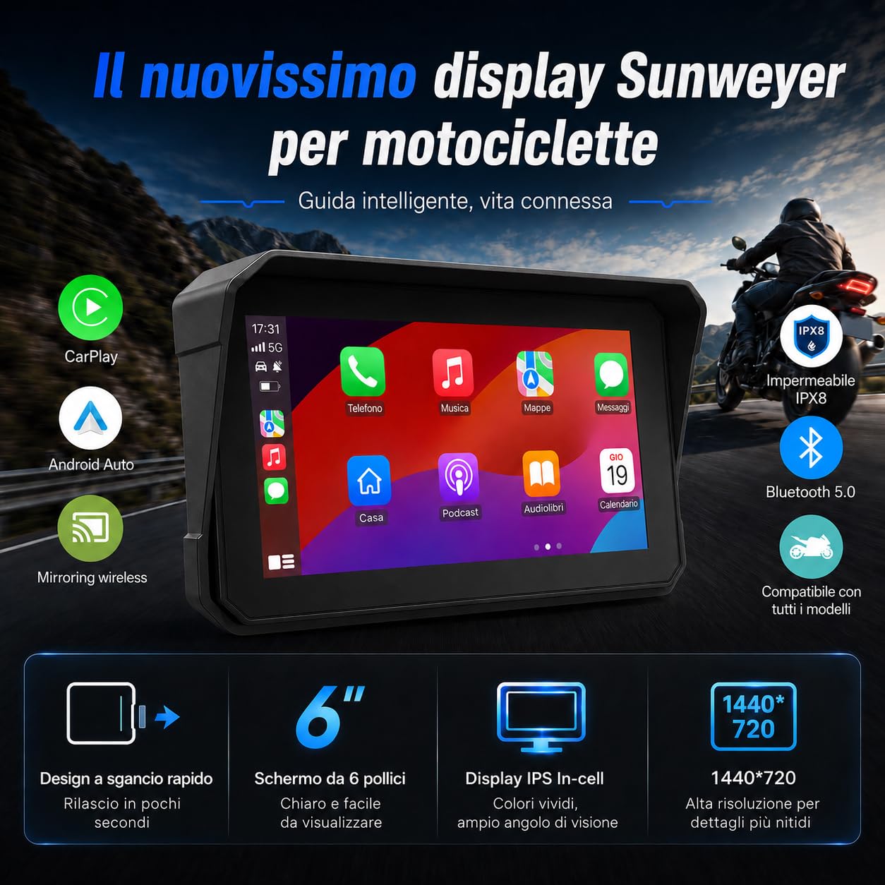 Sunweyer Carplay Moto W16 Navigatore Moto 6 Pollici Android Auto Wireless