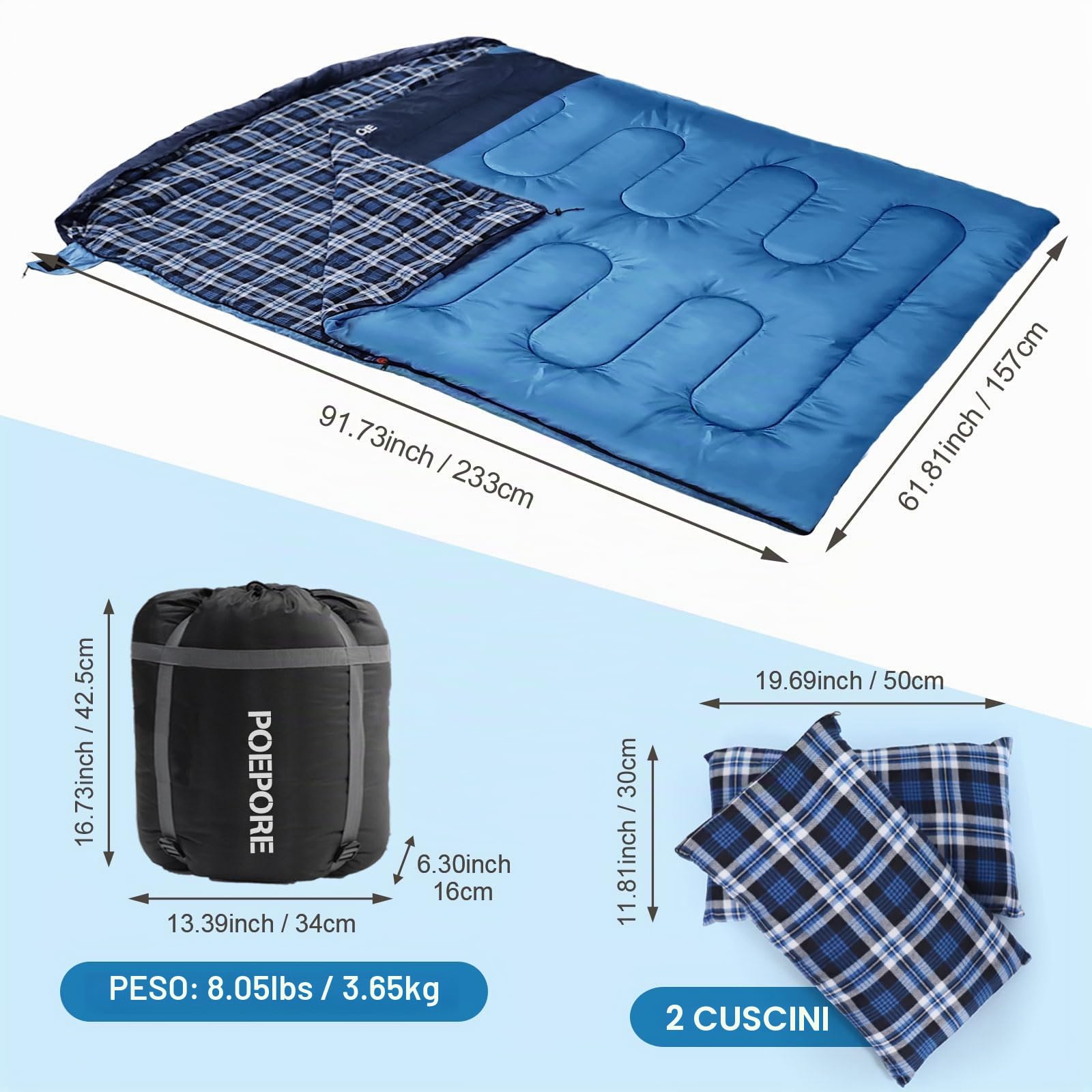 Sacco a Pelo Matrimoniale in Flanella per Adulti 0℃ 3-4 Stagioni Sacci a Pelo 2 Persone Portatile con 2 Pillow e un Sacco a Compressione Campeggio Trekking Escursioni 233 x 157 cm