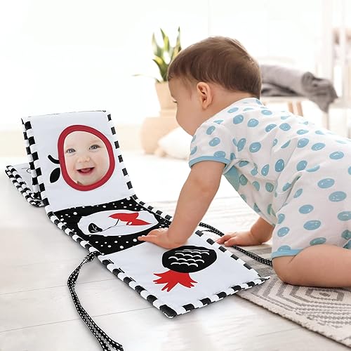 Miniatura 5 de Juguetes para bebés de 0 a 6 meses libro suave en blanco y negro paquete de 2 juguetes para bebés con espejo de tiempo de barriga juguetes para