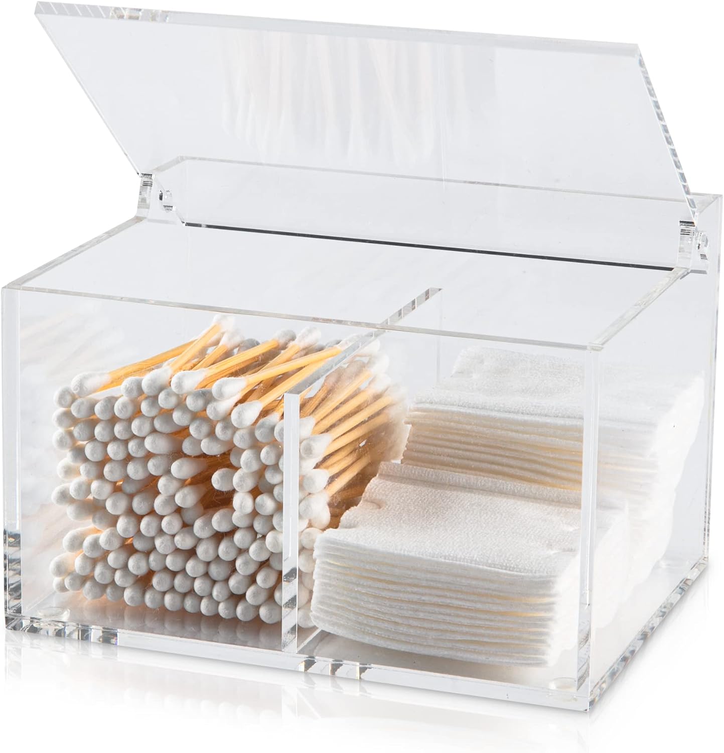 Product image of Clear Acrylic Cotton Swab Ball Holder Qtip Organizer with Lid 2-Grid Canister for Make Up Pads, Floss Picks, Vanity Storage,Bath Salts, Cosmetics, Home Bathroom Decor (DP004)
