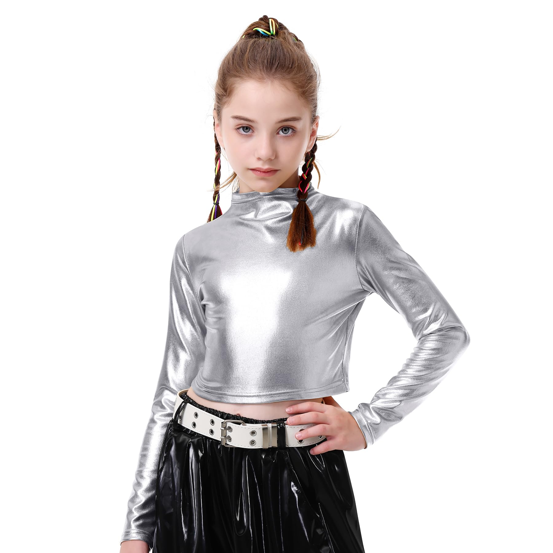 LOLANTA Top Corto Metallizzato da Bambina, Mezza Dolcevita, Maglia da Ballo Scintillante e Scintillante per Hip Hop, Disco, palco e Feste