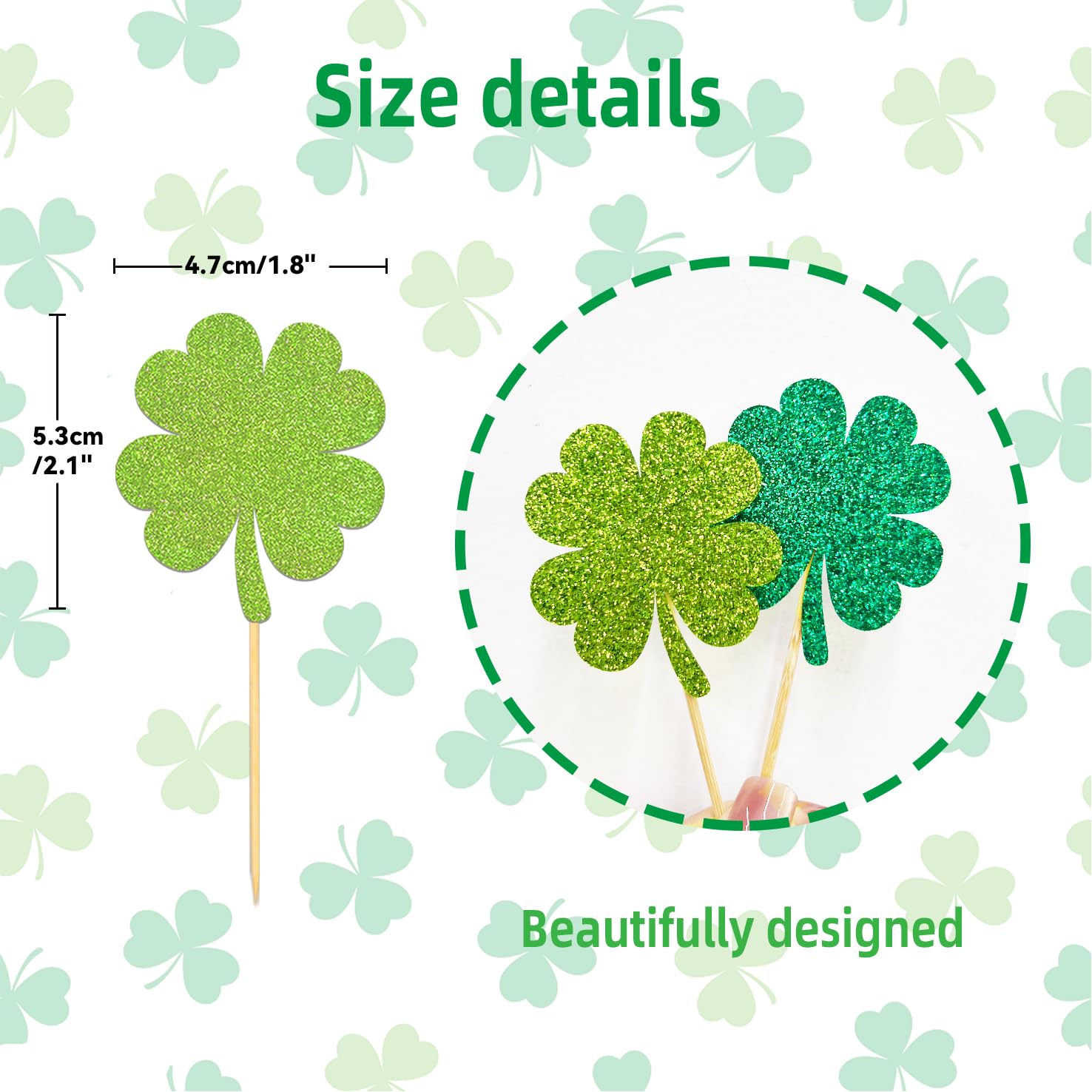 24 PCS Glitter Lucky Four Leaf Clover Cupcake Toppers, St.Patrick's Day Shamrock Cake Toppers for for St Patrick's Day Party Decorations (Trefoil B)
