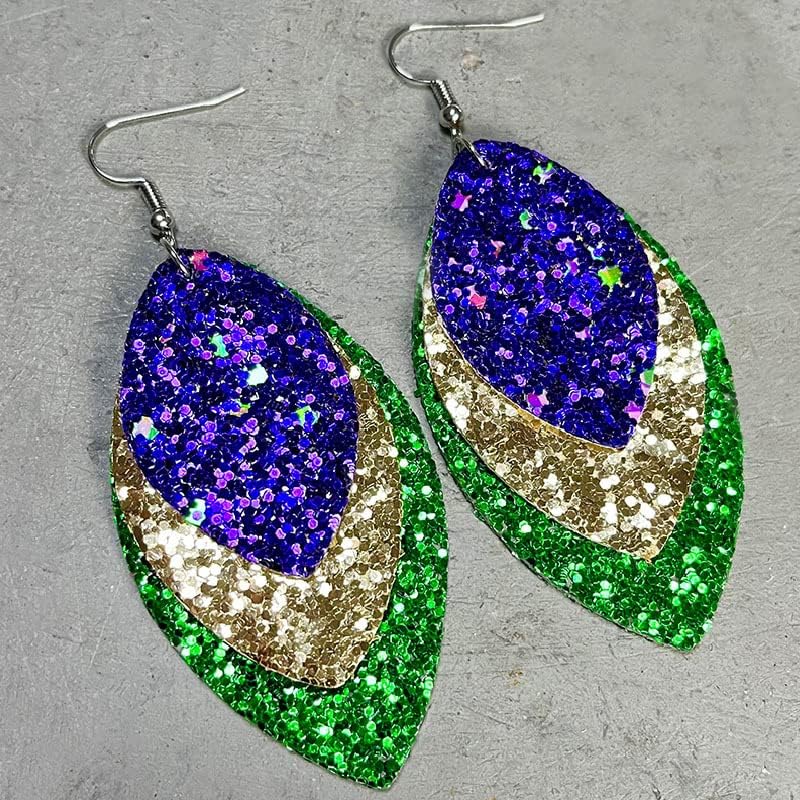 Mardi Gras Earrings for Women Carnival Theme Mask Crown Hat Feather Lobster Letter MARDI GRAS Layer Leaf Glitter Tassel Dangle Earrings for Festival Party Jewelry Gift - Image 3