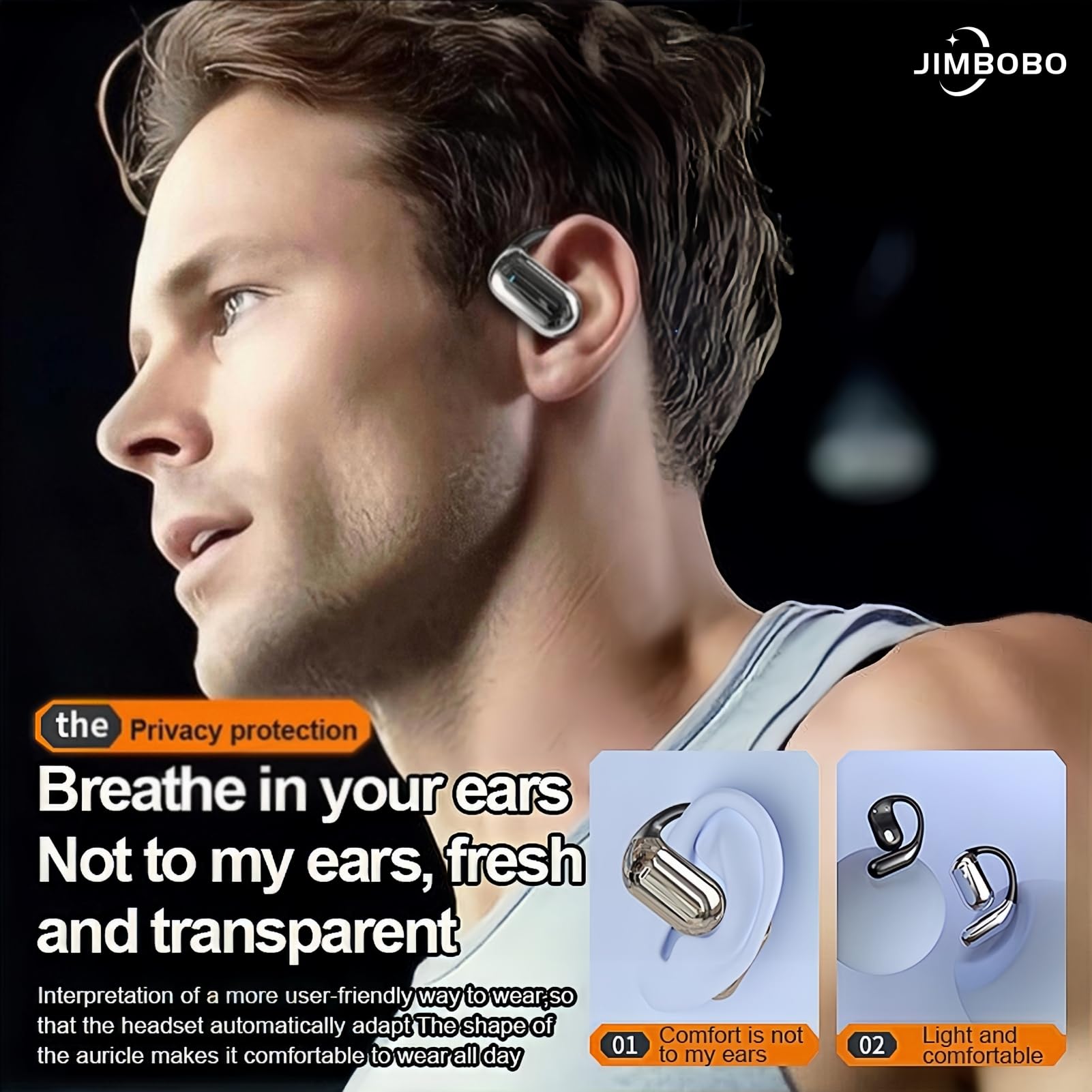 JIMBOBO Écouteurs ouverts Bluetooth 5.4 sans fil à conduction d'air avec micro tour d'oreille, 50 heures d'autonomie, écran LED, étui de charge, casque de sport confortable pour la course, le fitness