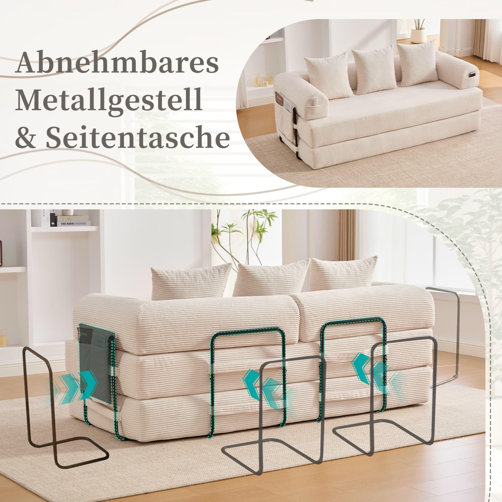 Canapé 2 Places en Velours côtelé,Canapé Lit Convertible Multifonctionnel Moderne,Poches Latérales et 3 Coussins,DIY Libre,pour Salon,Chambre,Bureau (Beige-L)