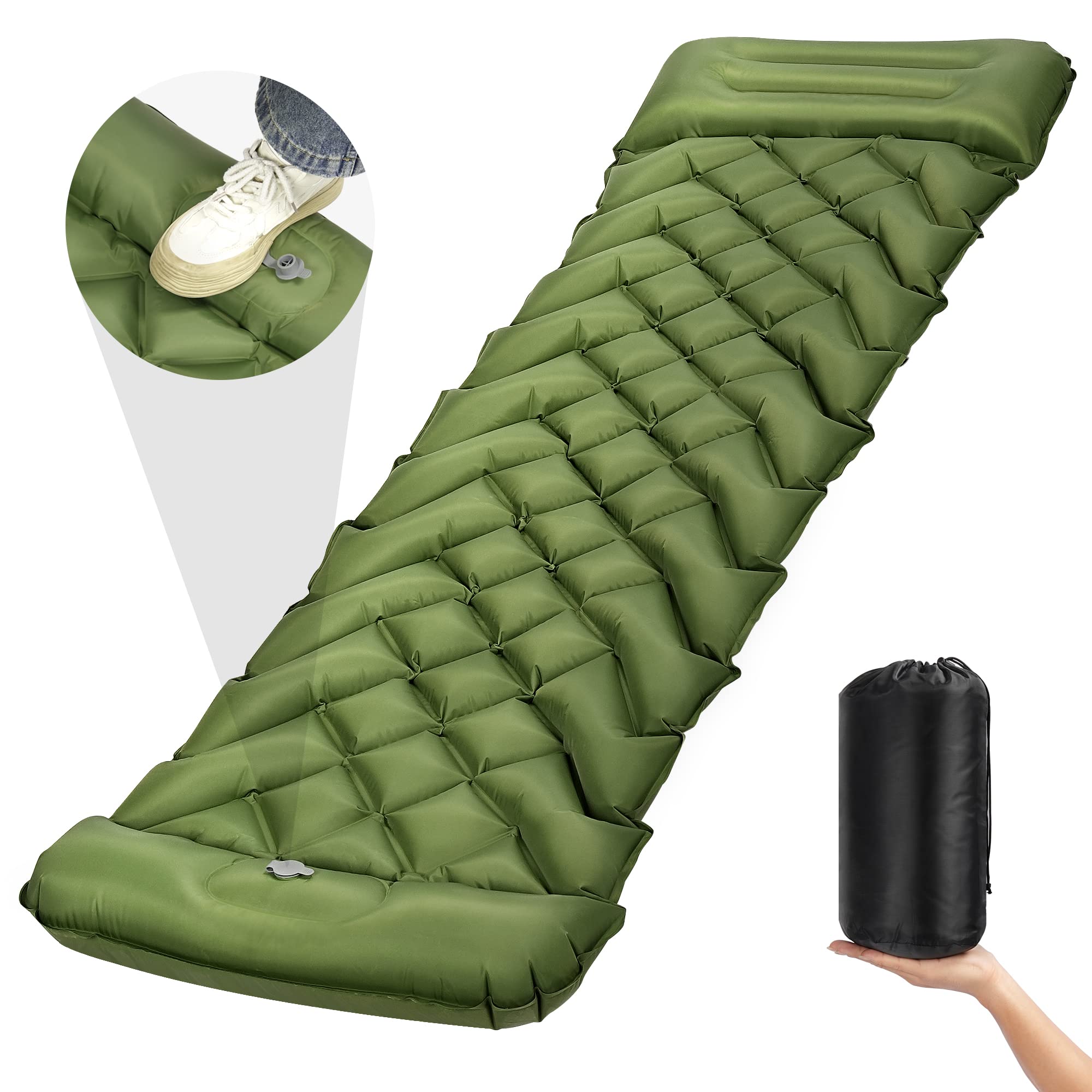 seaborn Inflatable Camping Sleeping Pad, Inflatable Sleeping Mat with Pillow Built-in Foot Pump, Compact Ultralight Waterproof Camping Air Mattress for Backpacking (Nylon Navy Green)