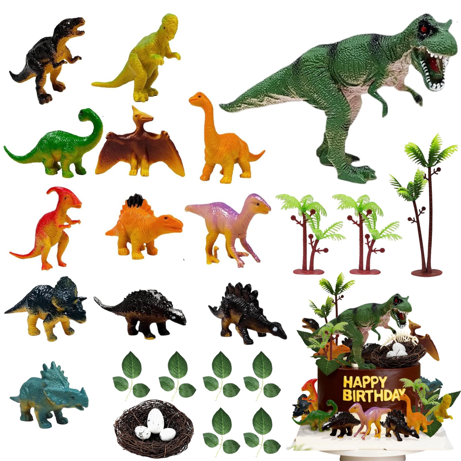 26-Piece Dinosaur Cake Toppers Set - with Dinosaur Eggs, Leaves, Trees & Nest Decorations for Birthday Party, Wild Animals Theme