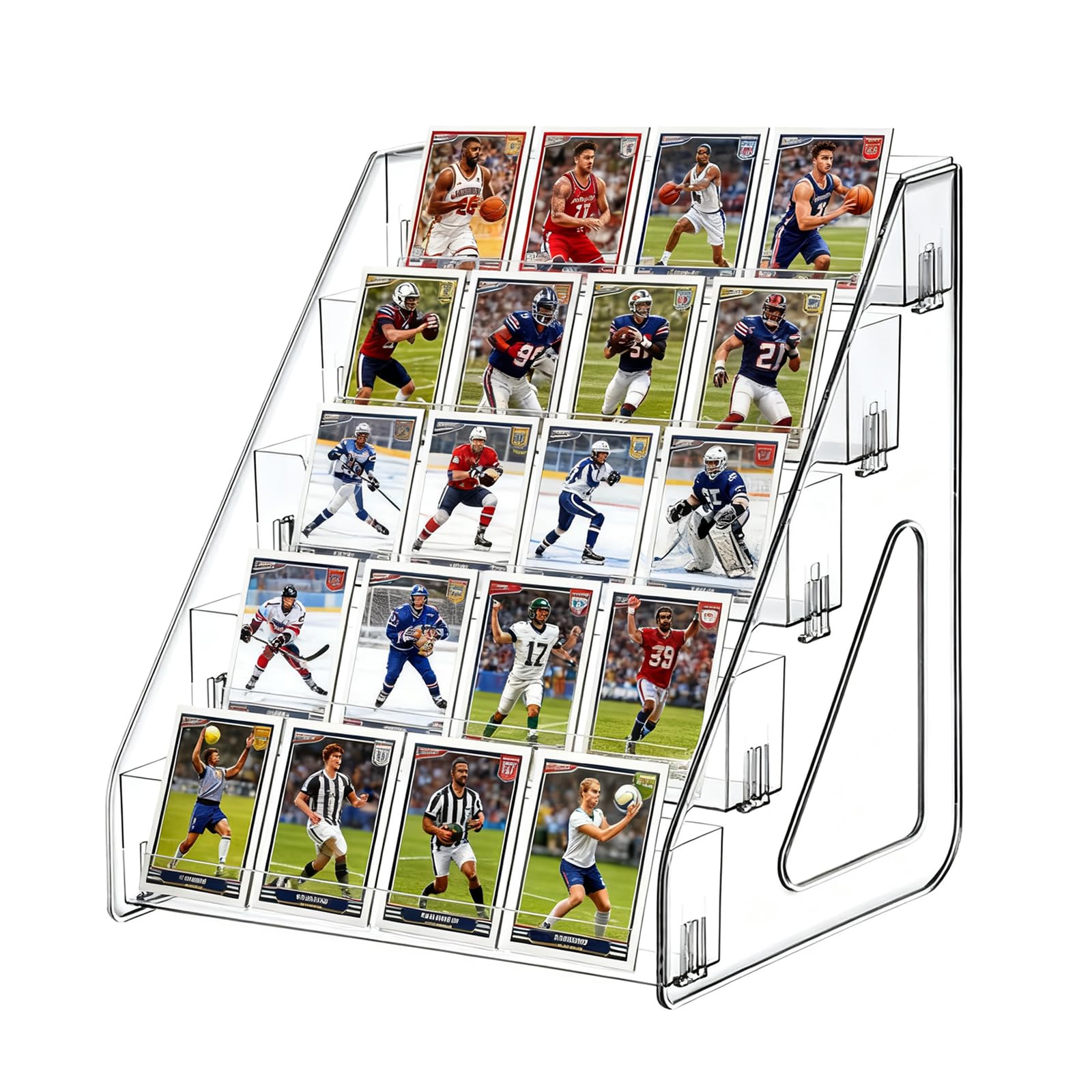 JWShang 5 Tier 12" Acrylic Trading Card Display Stand - Riser Clear Display Shelf for Baseball Sports Graded Game Card Sticker Bookmark Postcard Toploaders, Snap-On Design (1Pack)