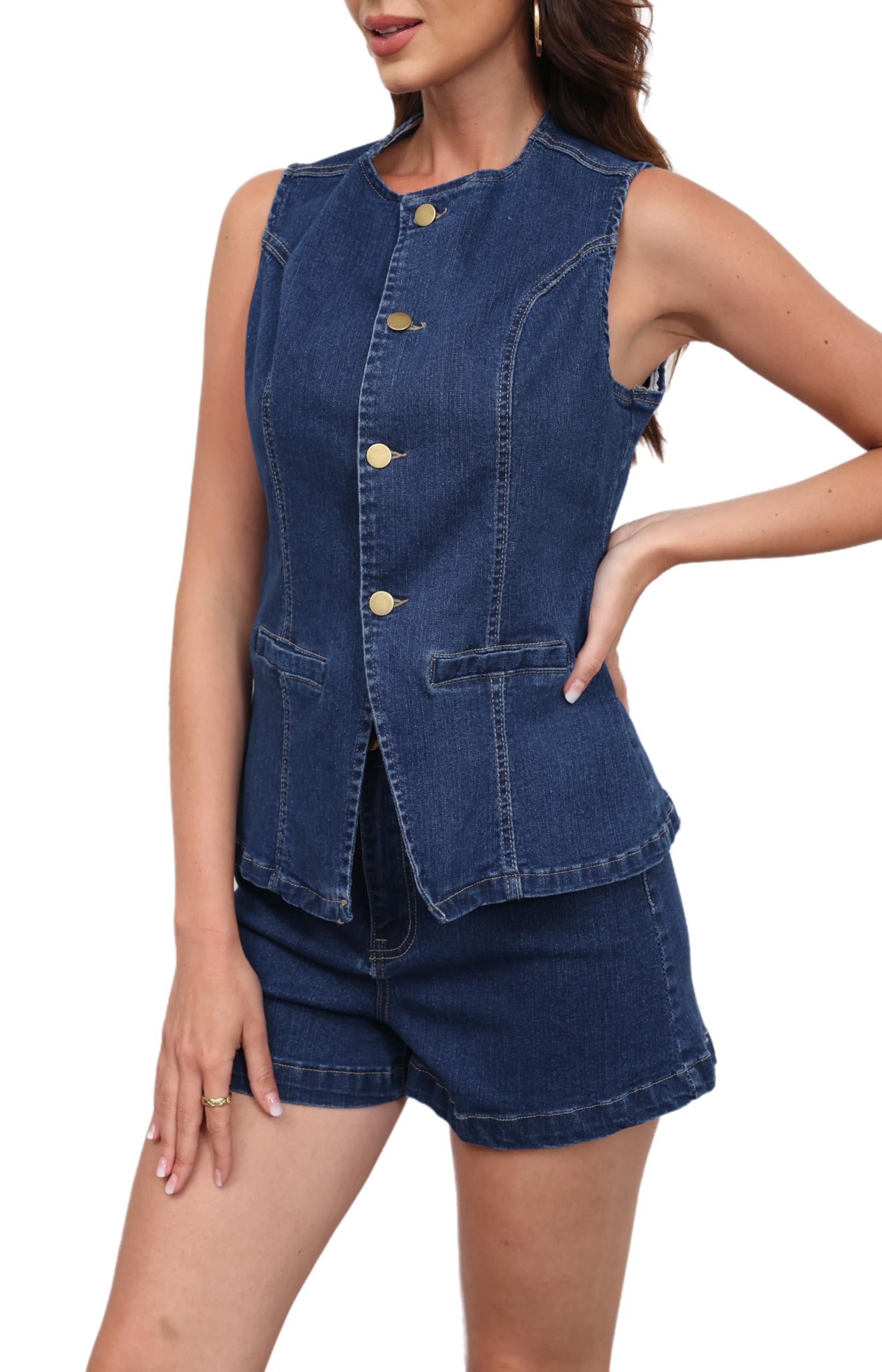 acelyn Womens Business Casual Outfits 2 Piece Denim Set Sleeveless Blazer Vest Short Set Jeans Two Piece Outfits