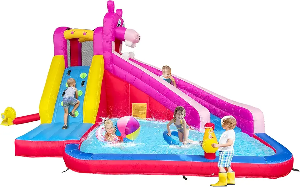 Castelo Inflável Hipopótamo 4 em 1 com Escorregador, Piscina e Parede de Escalada – Parque Aquático Infantil Reforçado Oxford, Soprador Incluso, Alta Resistência 110V