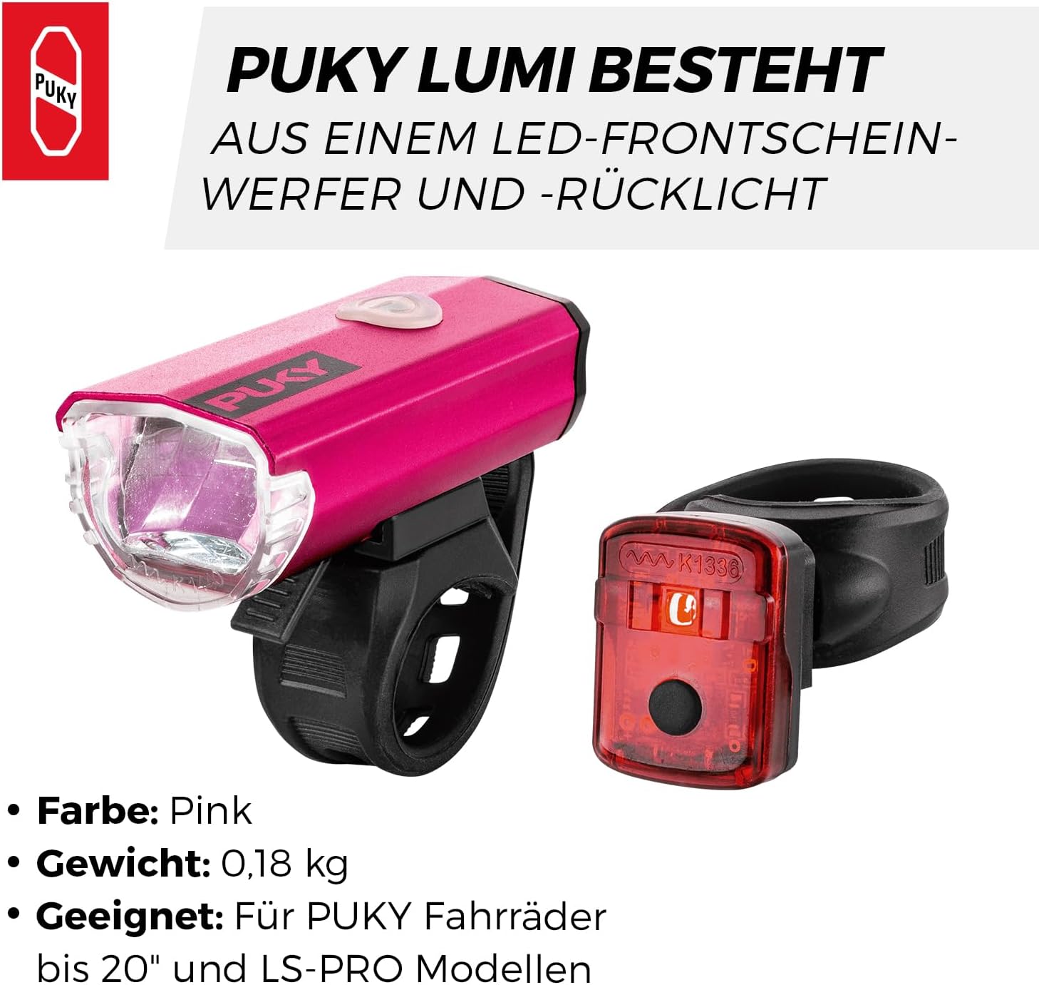 PUKY Lumi LED Front Headlight & Rear Light Set, Side Visibility, Tool-free Assembly, For 20 Inch Bicycles & LS-PRO, StVZO-Approved, Micro-USB Rechargeable, Flexible Design