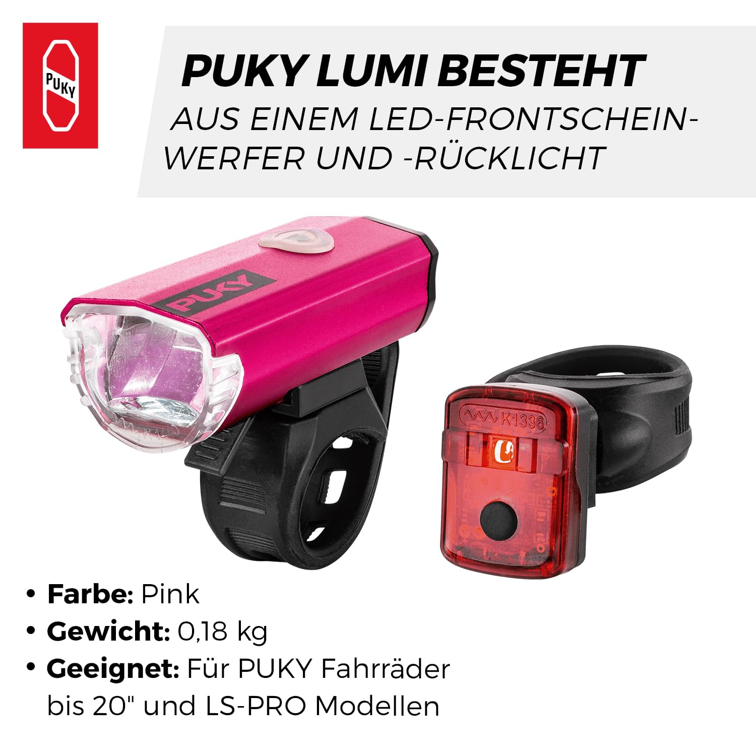 PUKY LUMI LED-Frontscheinwerfer & Rücklicht-Set | Seitliche Sichtbarkeit | Werkzeuglose Montage | Für 20" Fahrräder & LS-PRO | StVZO-Zugelassen | Micro-USB Aufladbar | Flexibles Design