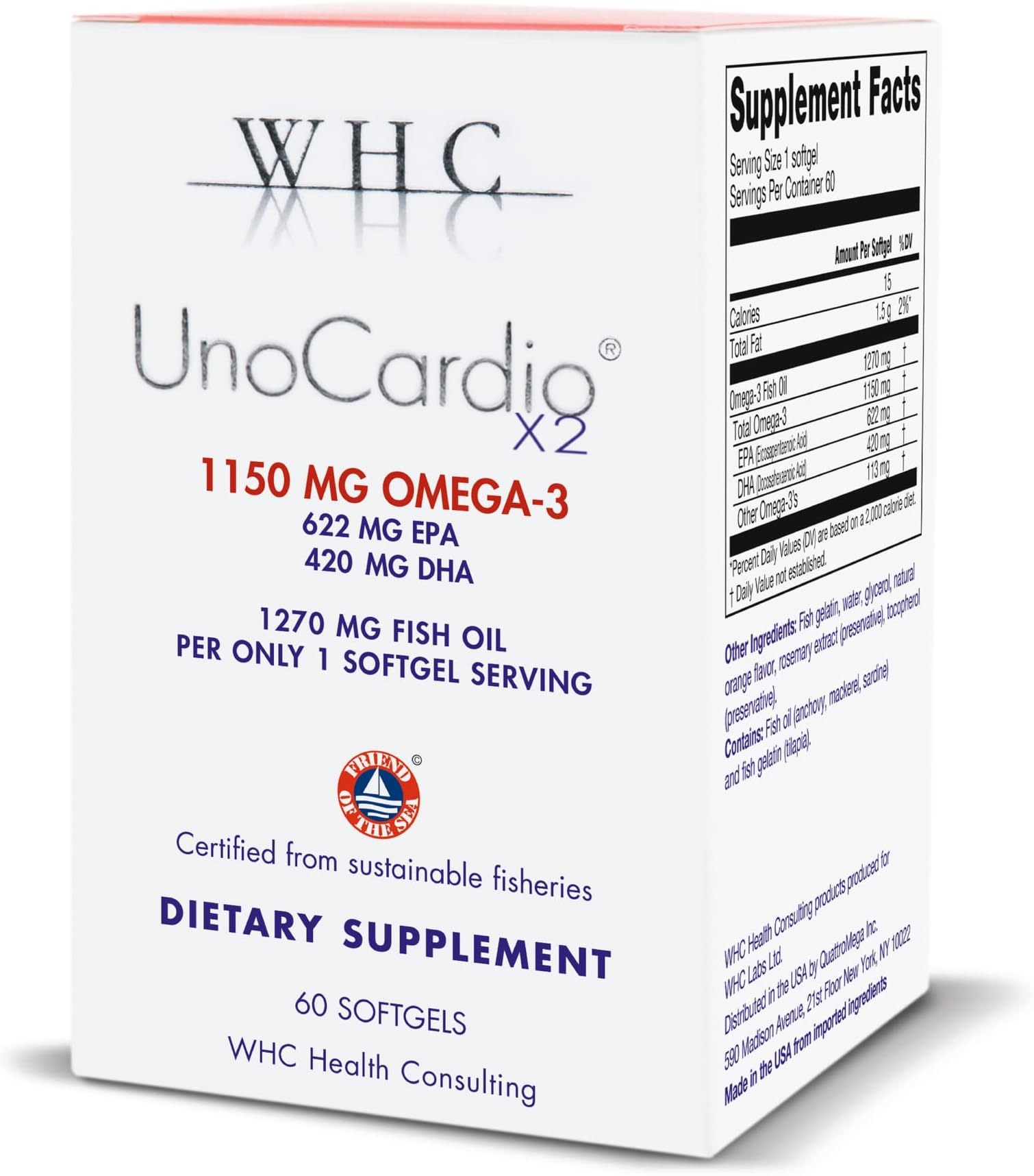 WHC, UnoCardio X2 Fish Oil, Triglyceride Omega-3 Fatty acids, 1270 mg Fish Oil Supplement (622 mg EPA / 420 mg DHA/Total 1150 mg of Omega-3 per Serving), Natural Orange, 60 softgels