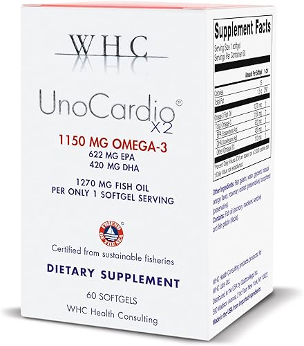 WHC, Aceite de pescado UnoCardio X2, ácidos grasos triglicéridos omega-3, 1270 mg de suplemento de aceite de pescado (622 mg EPA / 420 mg DHA/total