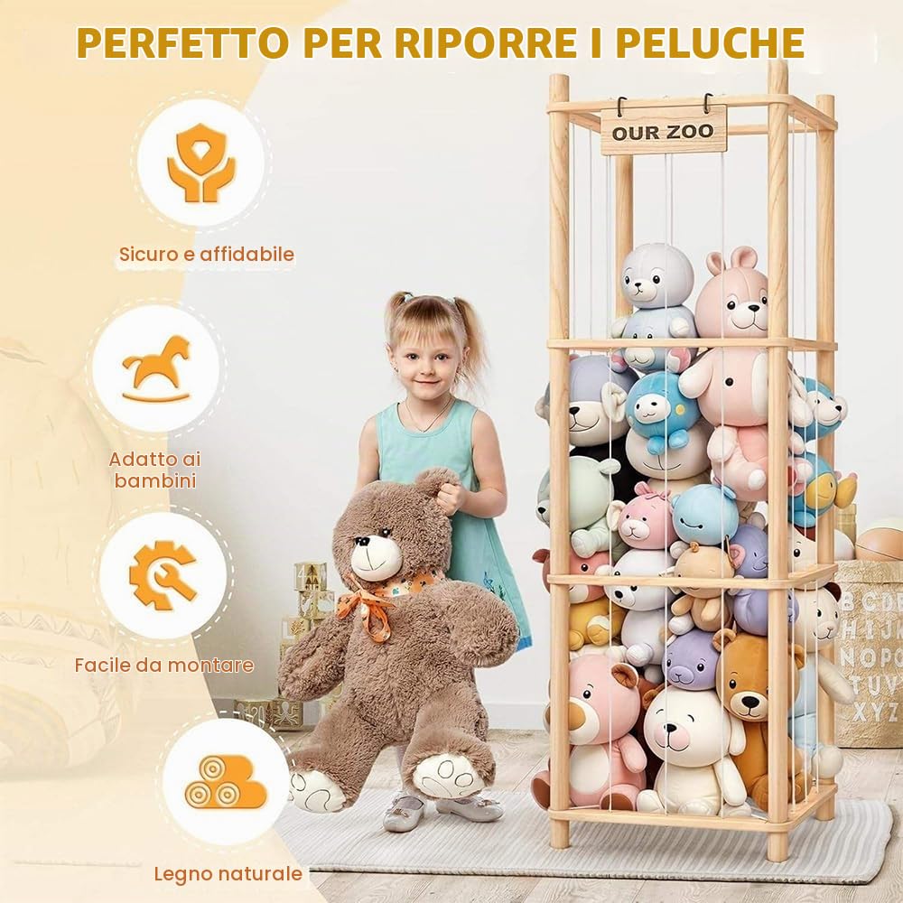 NEWFUN Porta Peluche, Contenitore Porta Giocattoli in Legno, Grande Capienza, Salvaspazio, Adatto per Camerette, Sale Giochi e Camere da Letto