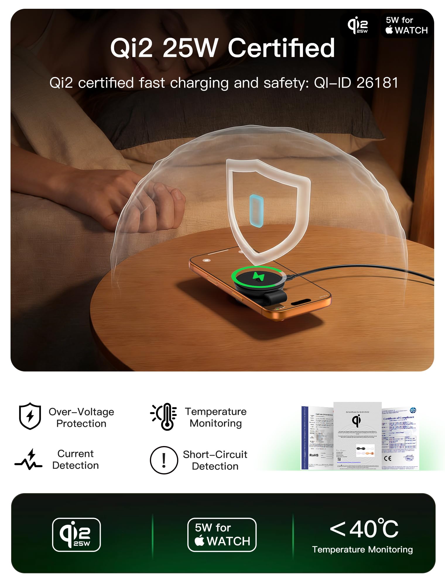 Station de Charge magnétique sans Fil 2 en 1, Chargeur Rapide Qi2 25 W, Pliable, Compatible avec Mag-Safe pour iPhone 17e/17/16/15/14/13/12/Air, Apple Watch Ultra/Series 1–11, AirPods 4/3/2/Pro