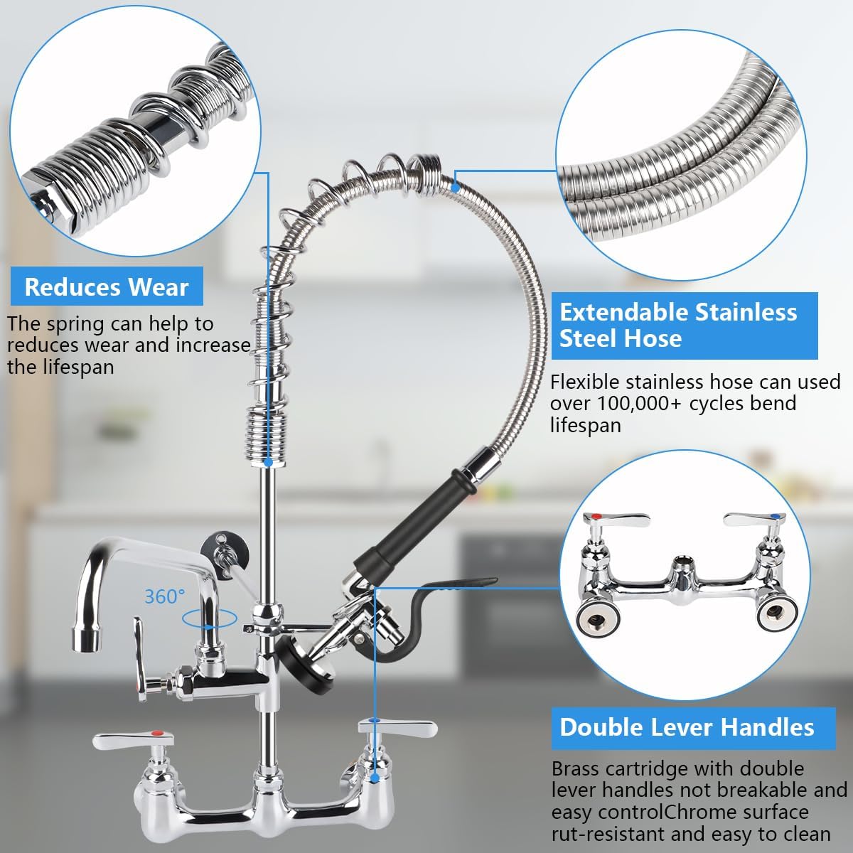 COOLWEST Commercial Pre-Rinse Faucet 8" Center Wall Mount Kitchen Faucet with 12” Add-on Swivel Spout 25” Height Commercial Sink Faucet and Pre Rinse Sprayer Brass Constructed