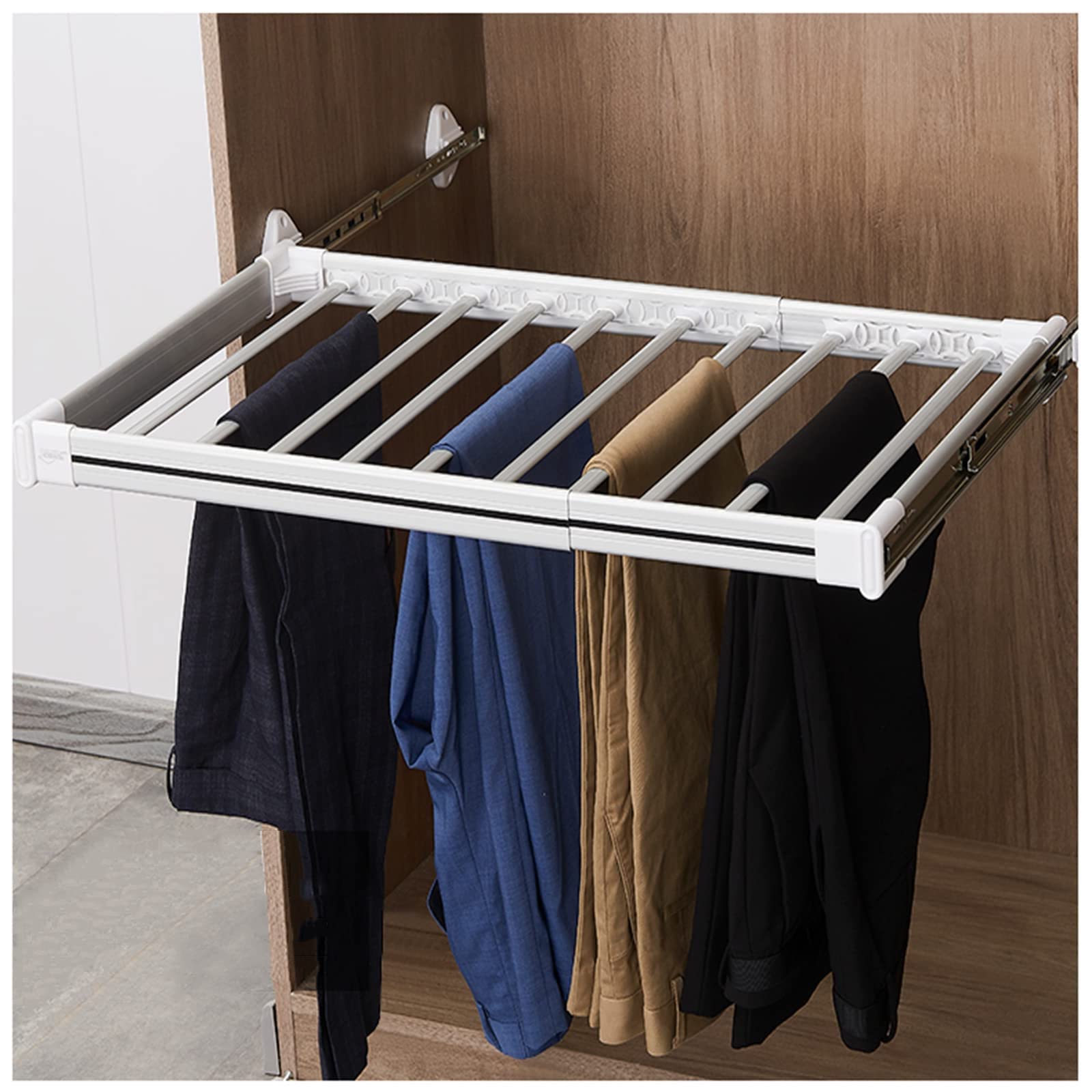 Percha extraíble para Pantalones, Barra de Armario extraíble Extensible, Perchero y Colgador Ajustable para Pantalones, Organizador de Ropa Multifuncional para Armario y vestidor, Blanco, 60