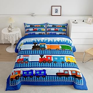 Cartoon Train Comforter Set Twin Size for Kids Boys,City Road Train Tracks Quilt Set Colorful Transport Vehicles Bedding Set 2Pcs,Fashion Navy Geometric Stripes Duvet Insert,1 Pillowcase