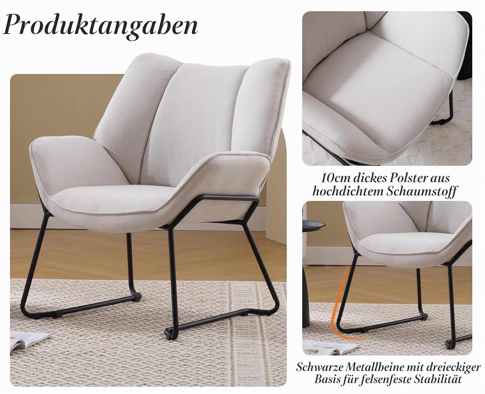 Ya-Home Sessel Wohnzimmer Loungesessel modern Lesesessel gepolstert Ohrensessel mit Metallbeinen für Schlafzimmer/Wohnzimmer, Leinen, Beige